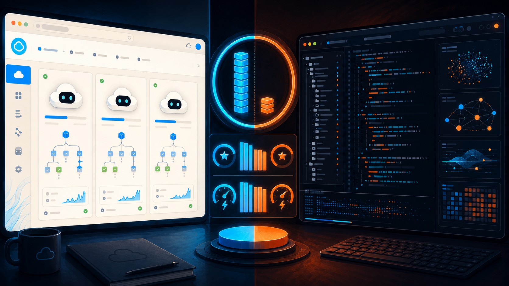 Una semana usando Codex vs Claude: el veredicto 1 Una semana usando Codex vs Claude: el veredicto - A split-screen developer workspace: on the left, a browser dashboard showing three parallel cloud ag