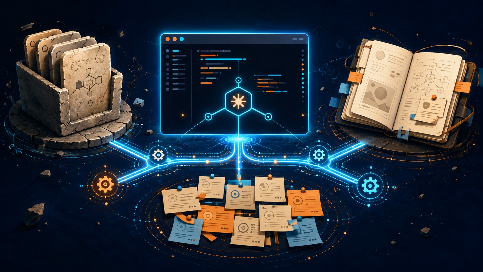 Cómo organizar Claude Code para trabajo de producto 1 Cómo organizar Claude Code para trabajo de producto - A developer terminal window labeled CLAUDE.md at the center acting as a map, with three labeled