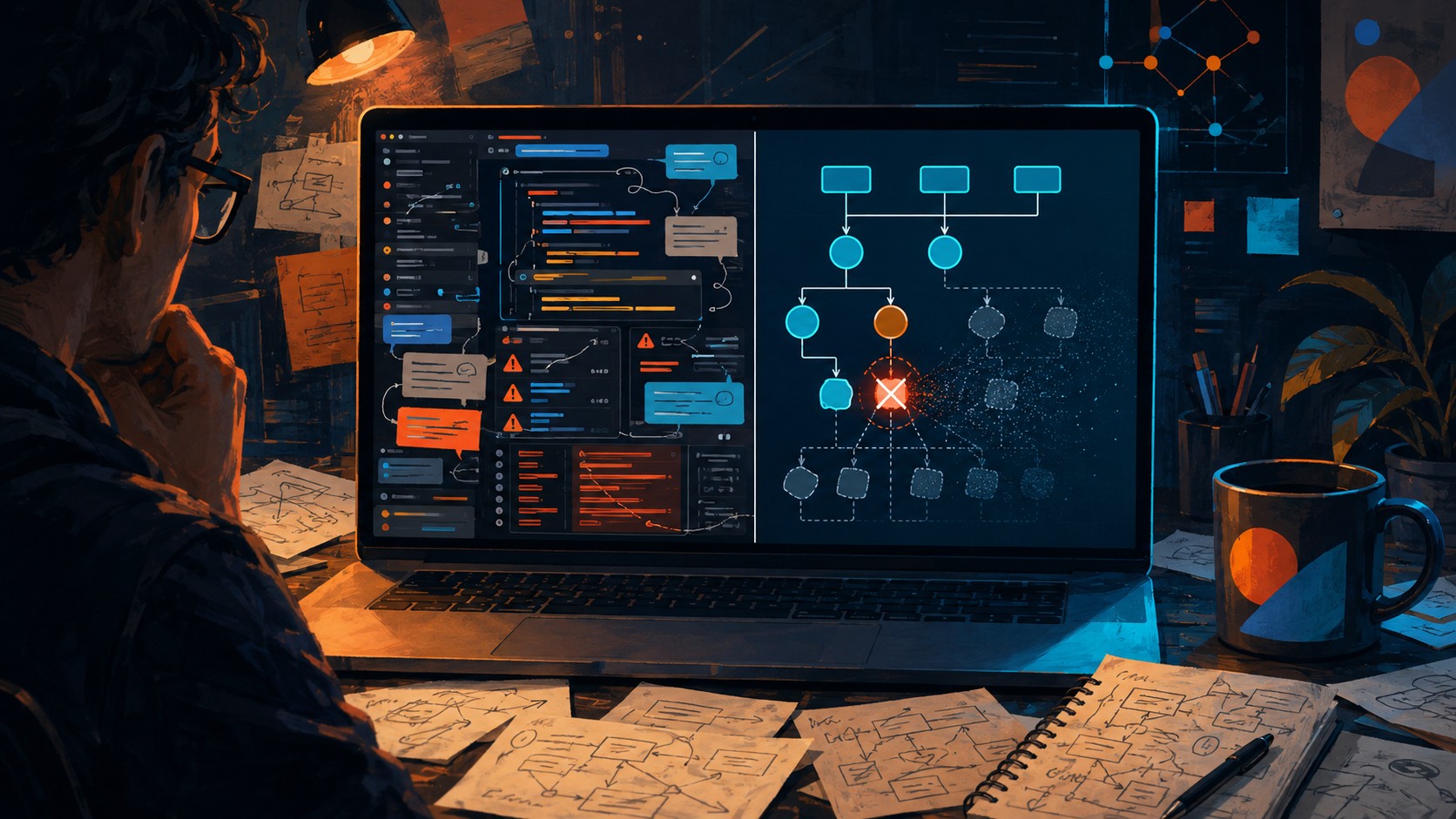Datalog para LLMs: memoria que no olvida conclusiones - A laptop screen split in two halves: the left side shows a messy LLM chat window with natural