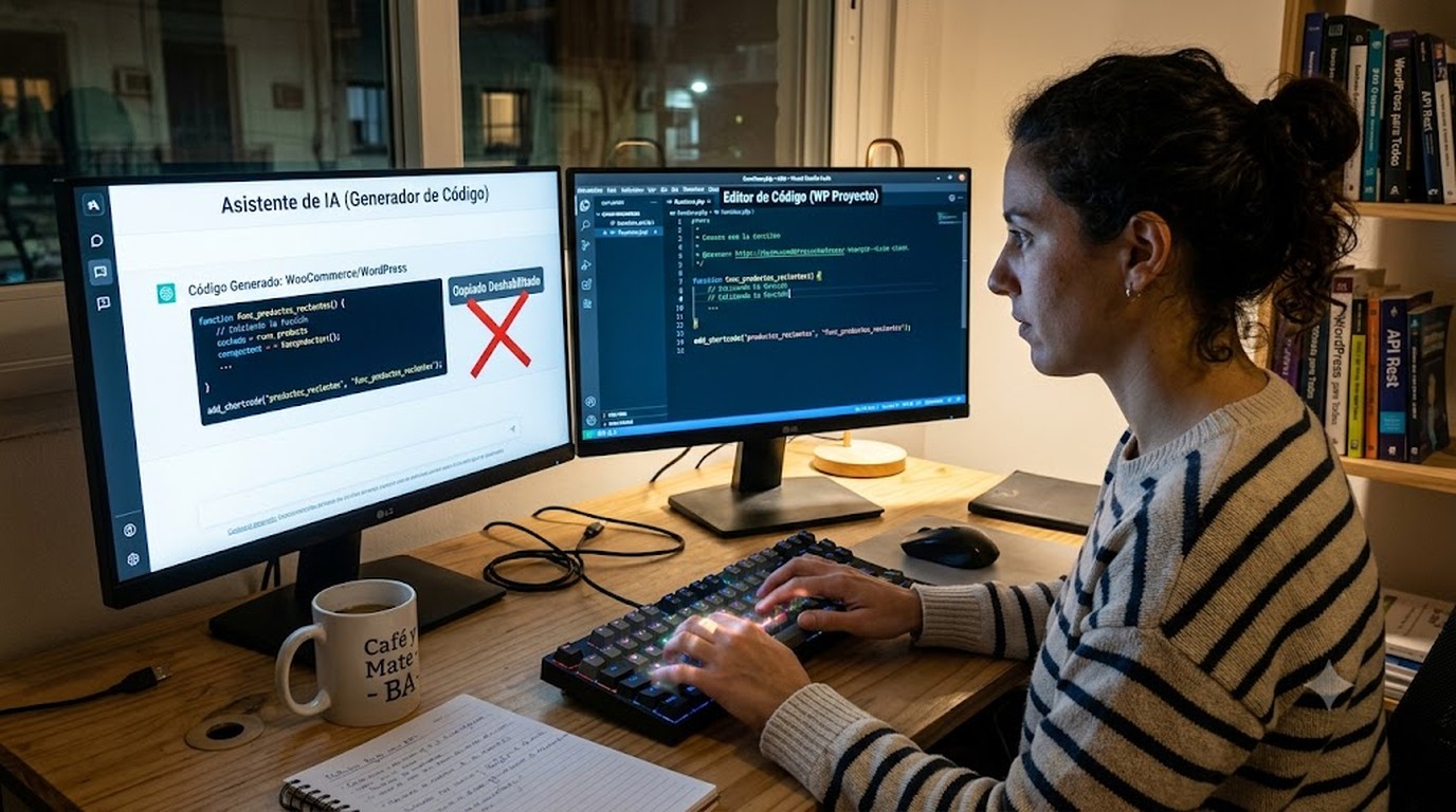 Deuda cognitiva código IA: reescribir en vez de pegar - A developer at a desk manually retyping code line by line into a code editor on the right scre