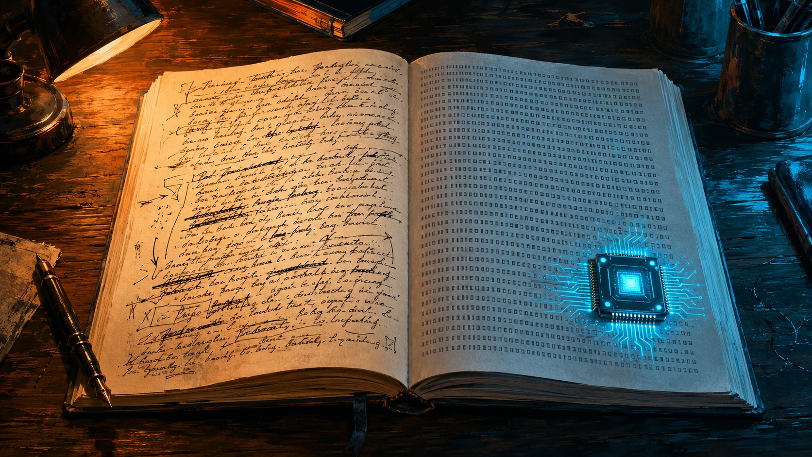 Ficción generada por IA: por qué muchos se niegan a leerla 1 Ficción generada por IA: por qué muchos se niegan a leerla - An open printed novel on a wooden desk splitting down the middle: the left half shows han