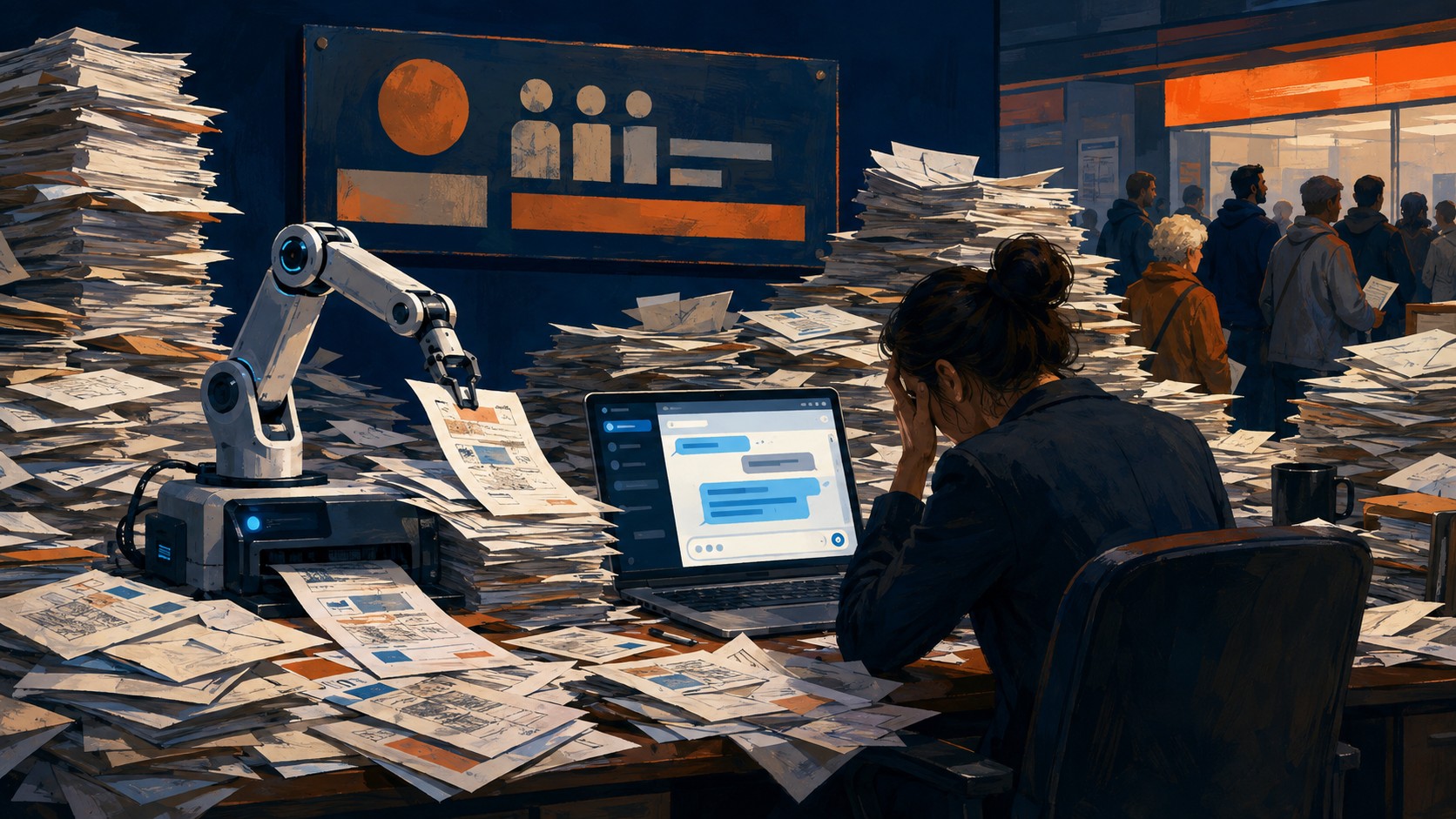 Servicios públicos desbordados por apelaciones con IA 1 Servicios públicos desbordados por apelaciones con IA - A government clerk's desk buried under towering stacks of printed benefit appeal letters, whil
