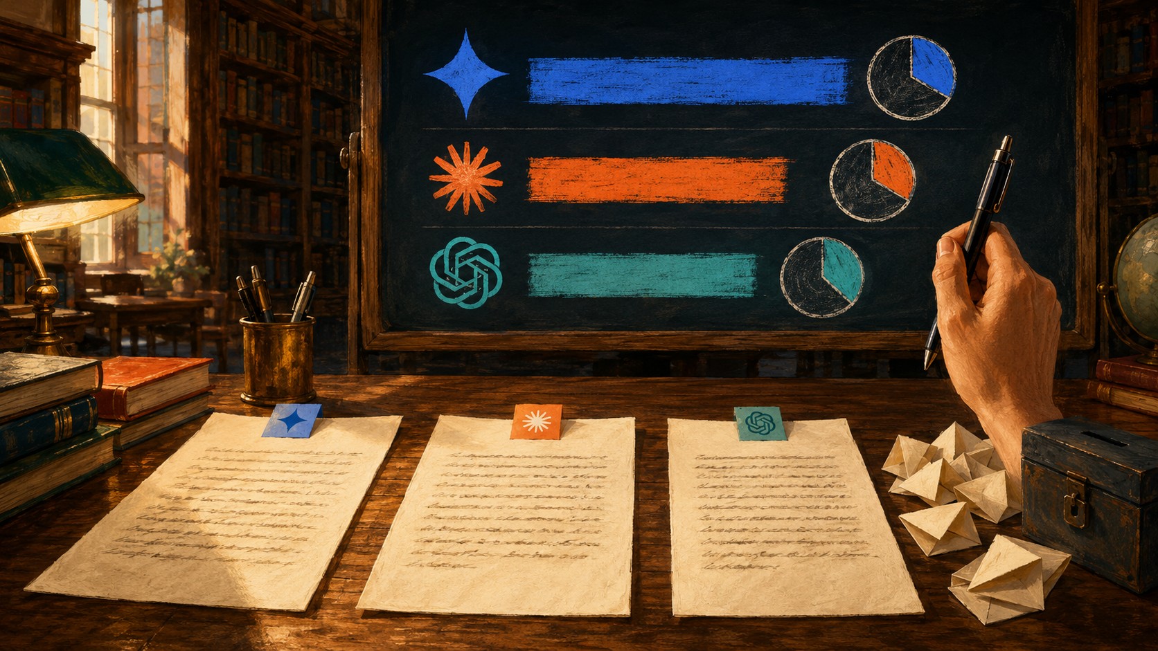 Gemini le ganó a Claude y ChatGPT en ensayos a ciegas 1 Gemini le ganó a Claude y ChatGPT en ensayos a ciegas - Three identical printed college essay pages anonymously labeled A, B and C spread on a wooden