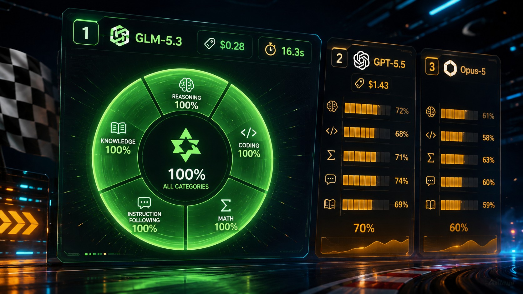 GLM-5.3 open source vs Claude OpenAI: 1/5 del costo 1 GLM-5.3 open source vs Claude OpenAI: 1/5 del costo - A dark analytics dashboard styled like a racing leaderboard where a green ring labeled GLM-5.3 s