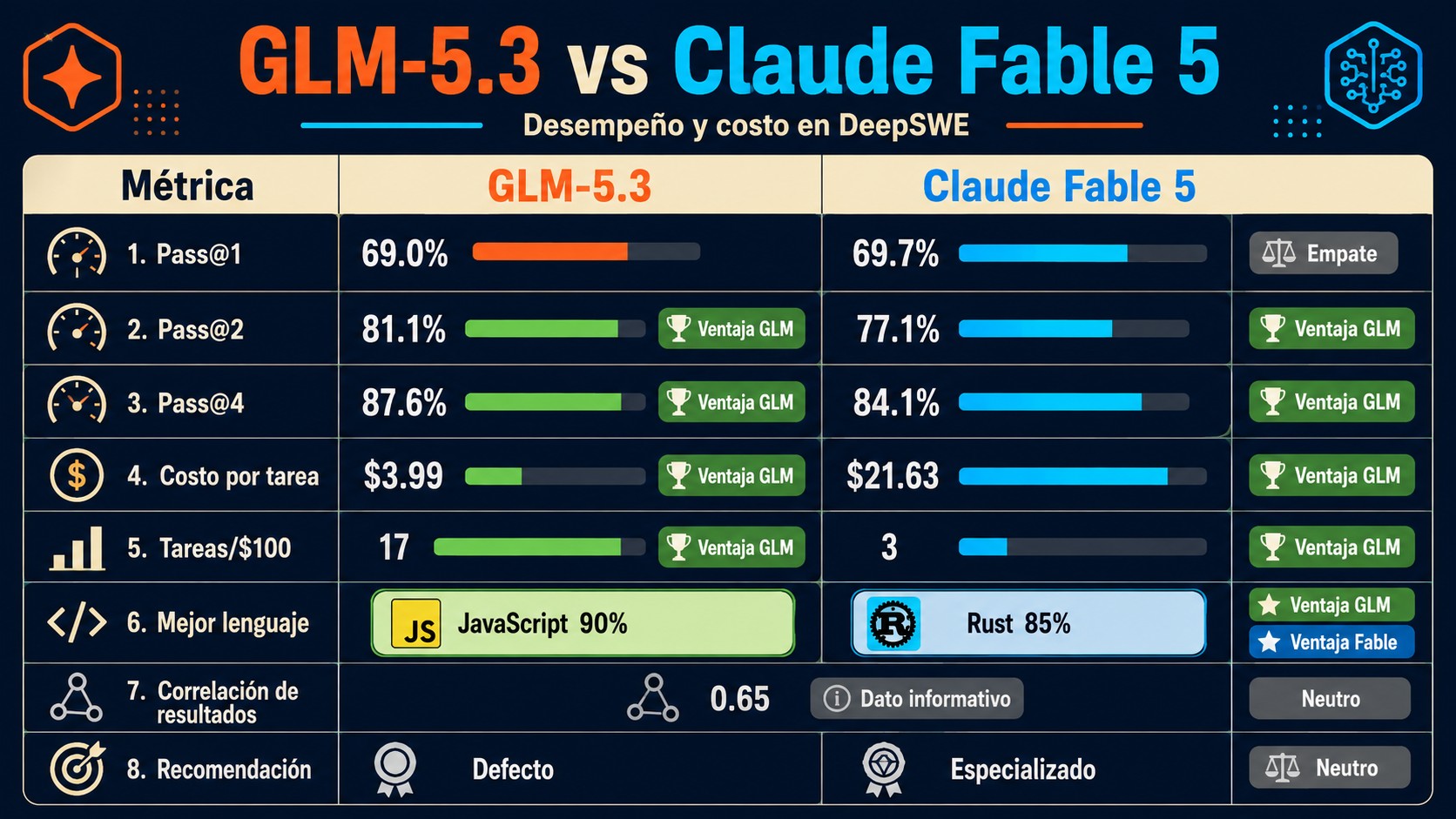 GLM-5.3 vs Claude Fable 5: empate y 5,4x de precio 2 glm-5.3 vs claude fable 5 diagrama explicativo