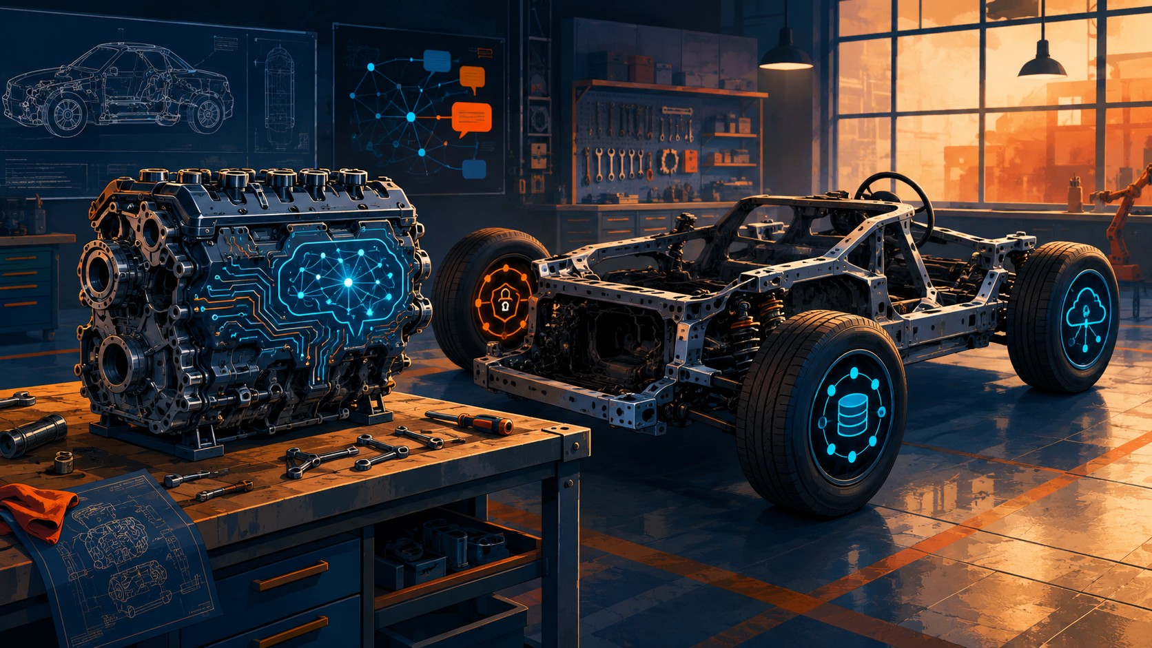 GPT generative en 2026: el prompt es solo el 10% 1 GPT generative en 2026: el prompt es solo el 10% - A car engine block labeled 'LLM / GPT' sitting alone on a workbench, next to a full car chassis wit