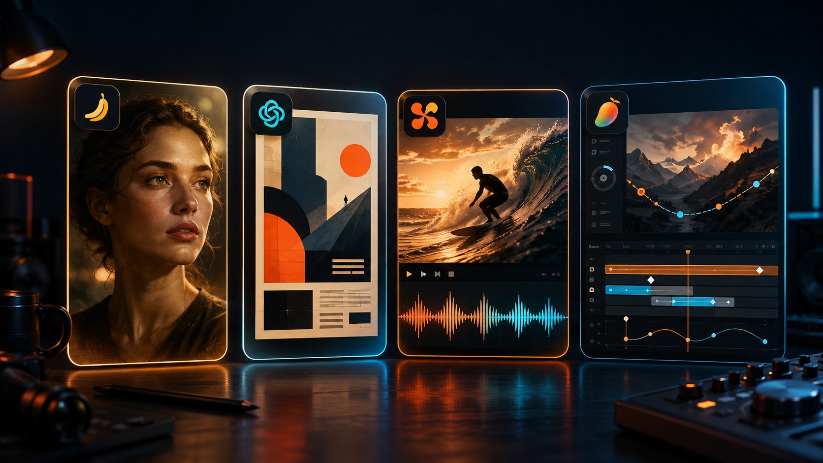 GPT, Mango AI: imagen/video con IA en 2026 1 GPT, Mango AI: imagen/video con IA en 2026 - Four glowing app-style cards side by side labeled Nano Banana 2, GPT Image 2, Seedance 2 and Mango AI, ea