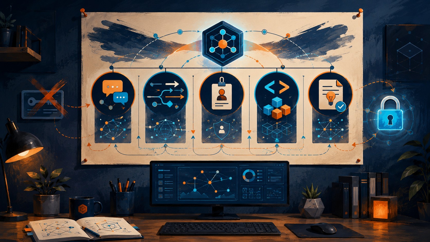 Hoja de ruta MCP 2026: qué cambia para agentes - An official roadmap poster titled 'MCP Roadmap 2026' pinned on a developer desk wall, with five numbe