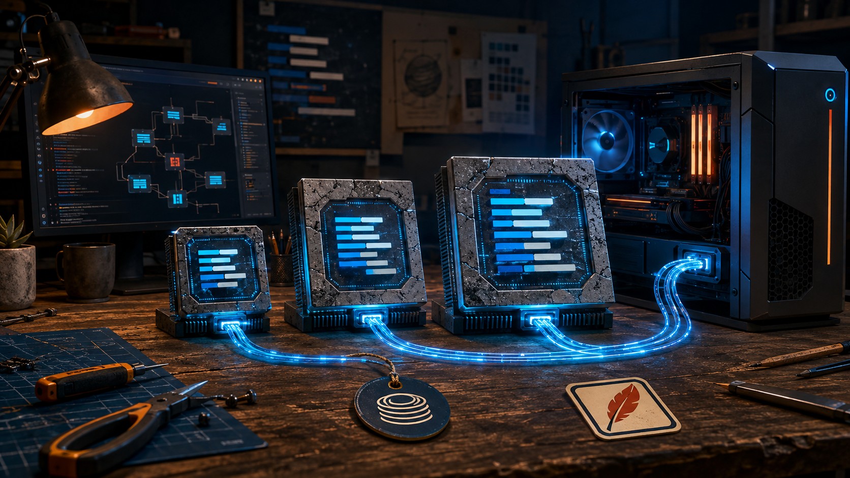 IBM Granite 4.2: modelos LLM locales con agentes - Three glowing server chips side by side on a developer workbench labeled 3B, 8B and 30B, each with