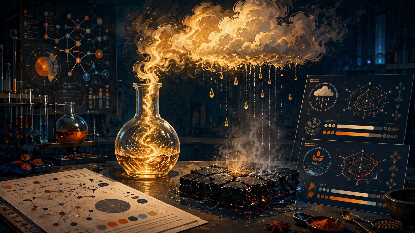 Impossible Spice: la IA que inventa sabores imposibles - A laboratory bench where a glass flask releases golden vapor shaped like a rain cloud falling