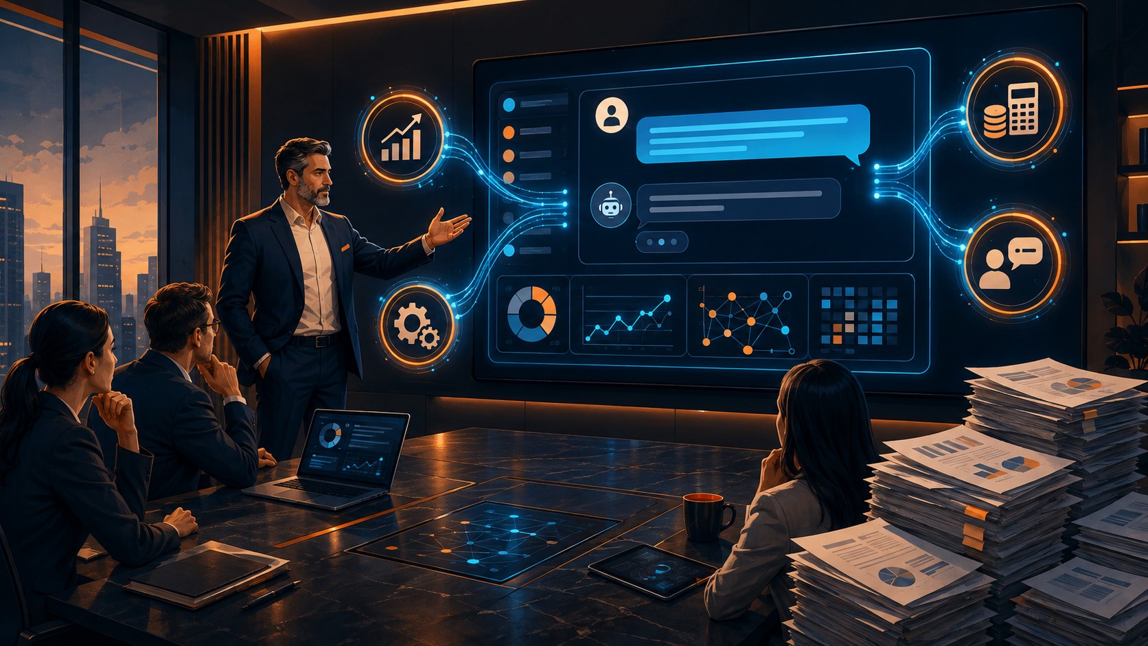 Inteligencia de Decisiones: lo que todo ejecutivo debe saber 1 Inteligencia de Decisiones: lo que todo ejecutivo debe saber - An executive in a boardroom speaking to a large screen showing a chat interface with th