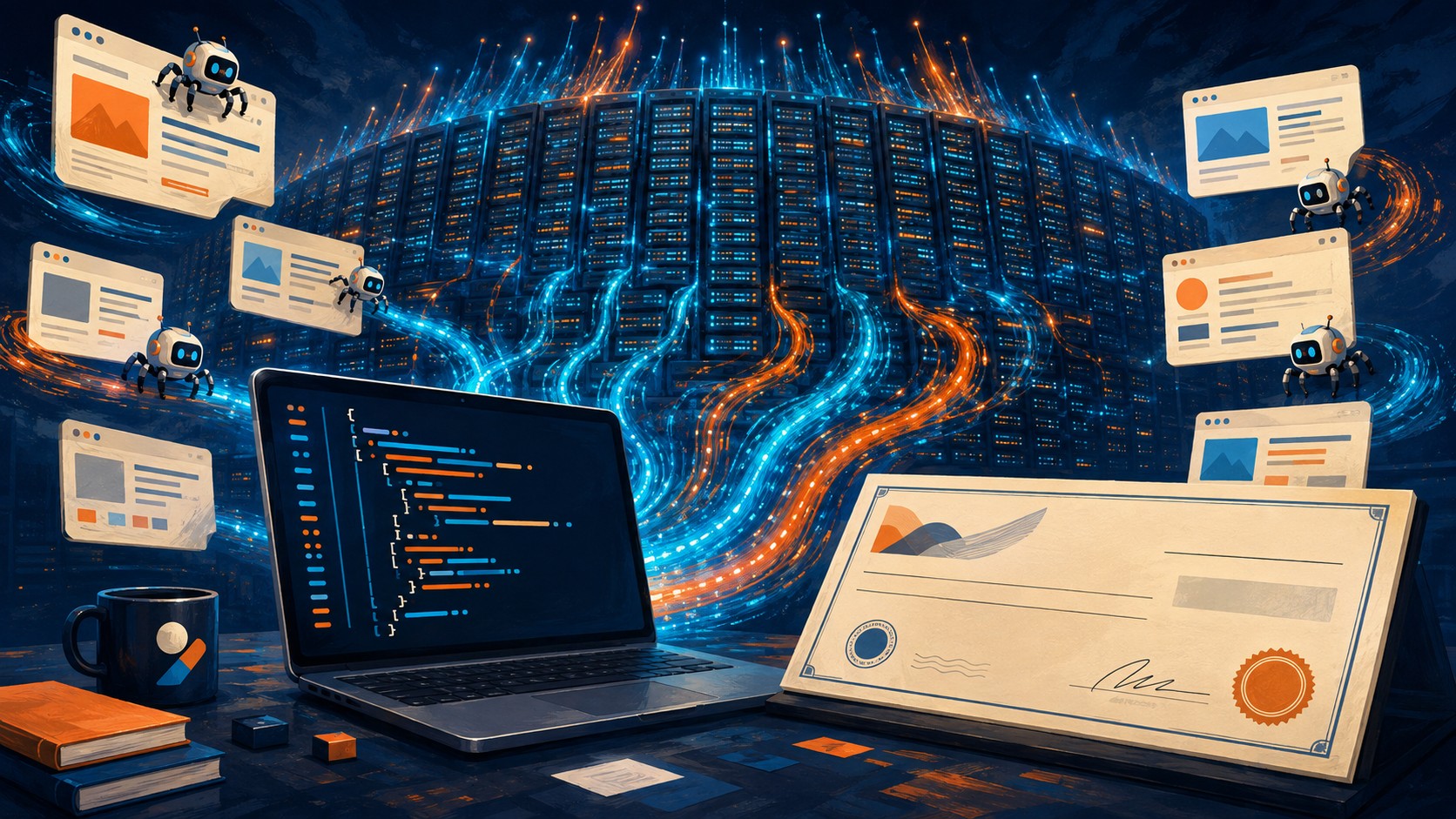 Keenable: USD 26M para una search API de agentes IA - A towering wall of server racks labeled '100 billion web documents' feeding glowing data streams