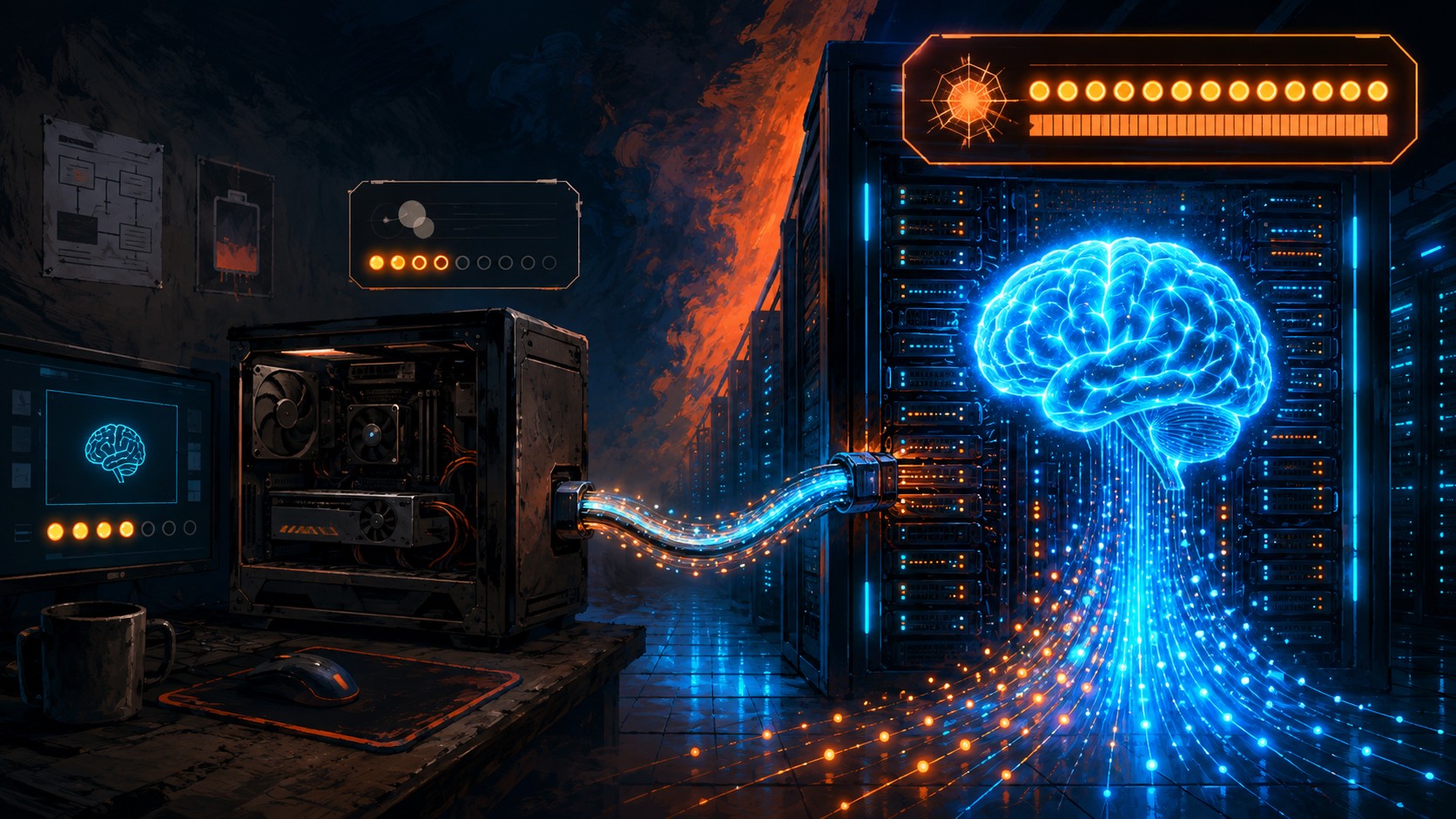 Por qué tu LLM local se siente tonto (y cómo arreglarlo) - A desktop gaming PC with a small 8 GB graphics card labeled 'YOUR MACHINE' displaying a tin