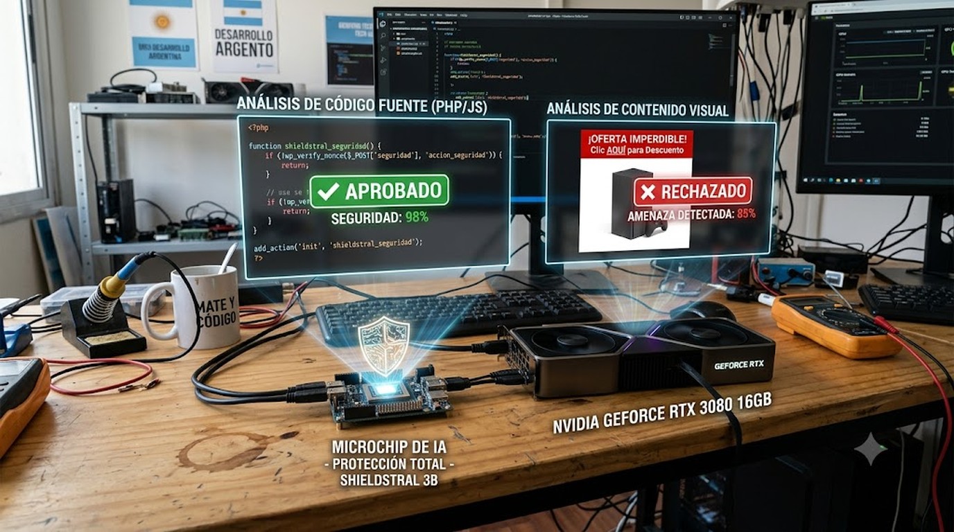 Mistral Shieldstral: seguridad IA en 3B parámetros - A small glowing shield-shaped chip labeled 'Shieldstral 3B' sitting on a developer workbench next