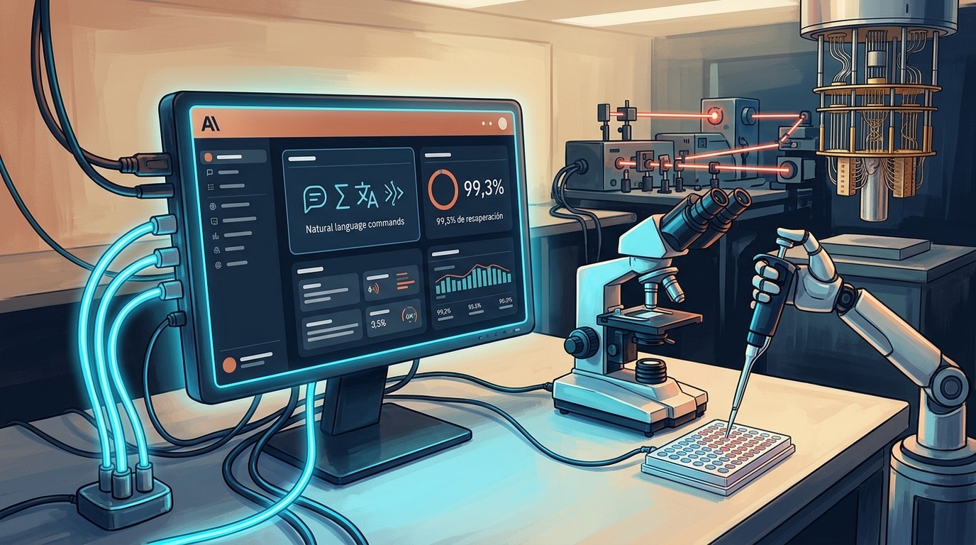 Model Hardware Standard Anthropic: qué es y cómo - A Claude AI interface screen connected via glowing cables to a laboratory bench with a microscope,