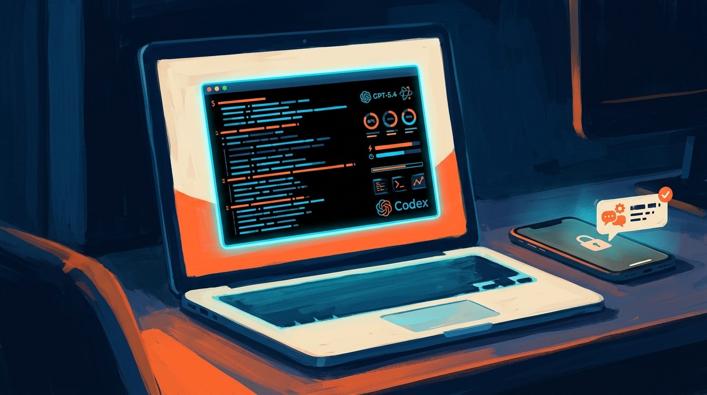 Modo persistente de OpenAI: agentes autónomos 24/7 - A developer's laptop screen glowing in a dark room at night, showing a terminal window with an AI