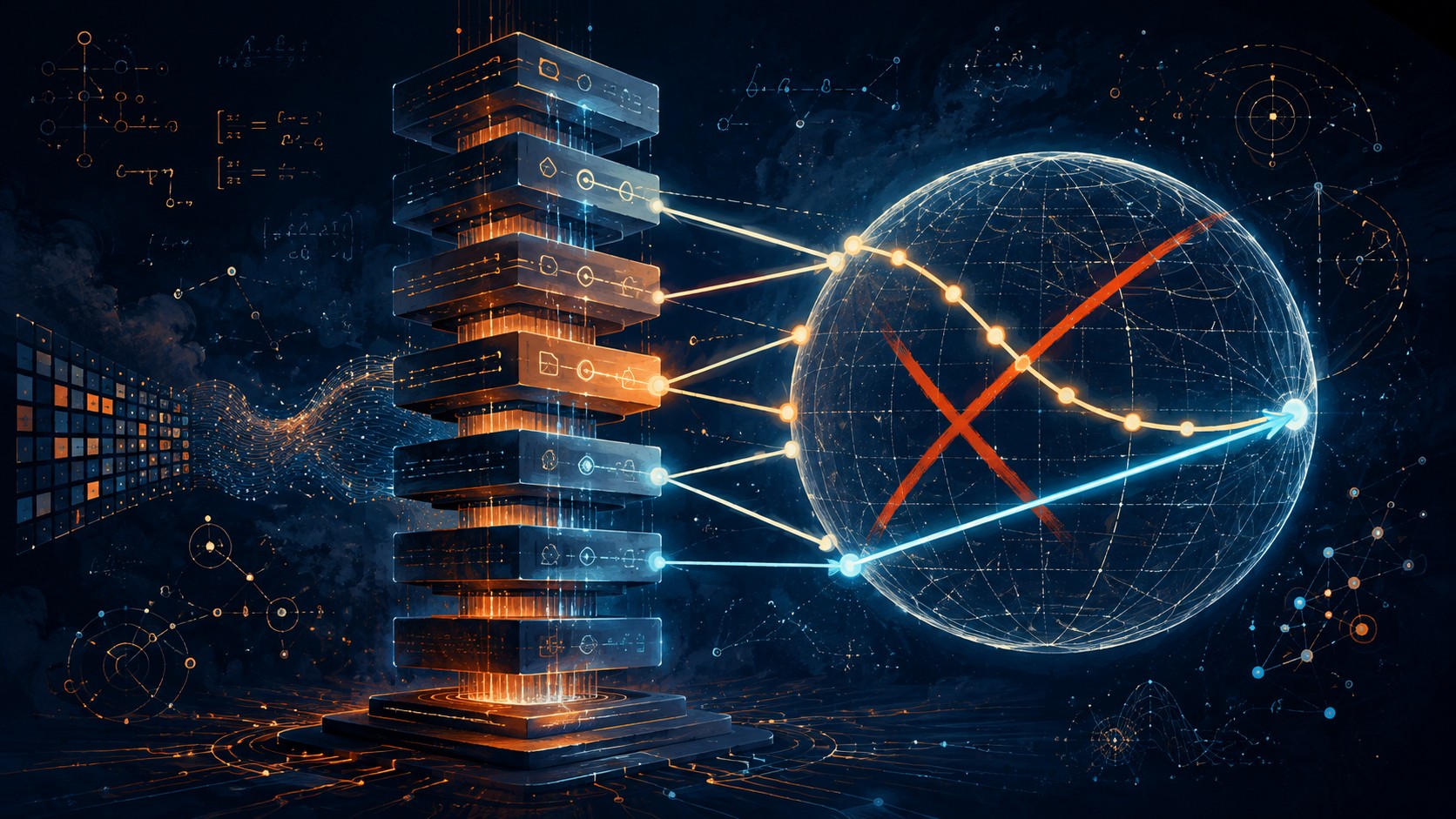 Normalización esférica transformers: qué es SpheretNorm - A tall stack of transformer layer blocks with activation vectors being projected back onto t