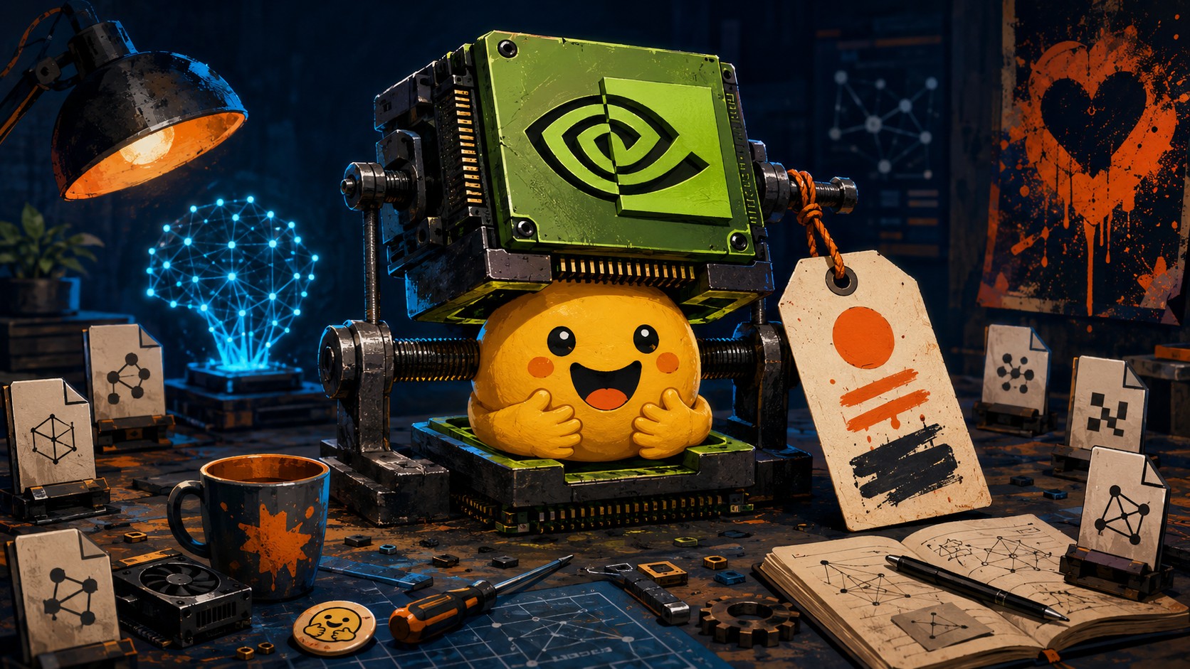 Nvidia adquiere Hugging Face: qué se sabe del acuerdo - A large green NVIDIA microchip mechanically clamping onto the yellow Hugging Face emoji logo,