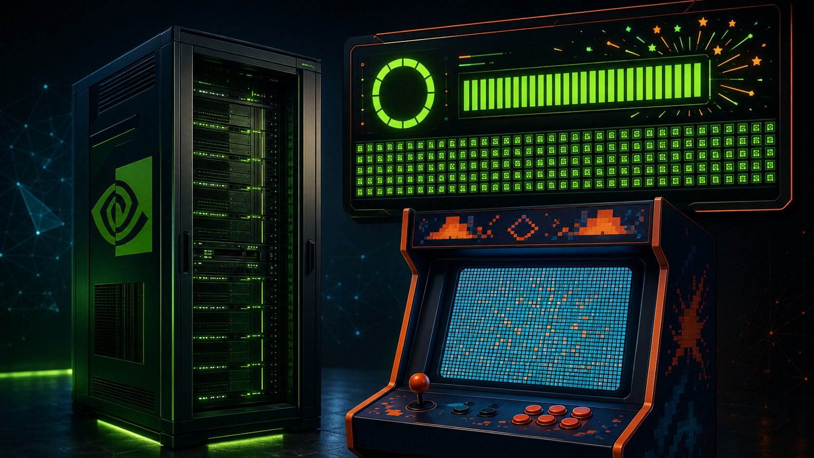 Nvidia AVO: 100% en ARC-AGI-3 con su arquitectura de agentes - A dark green NVIDIA-branded server rack standing next to a retro arcade cabinet whose s