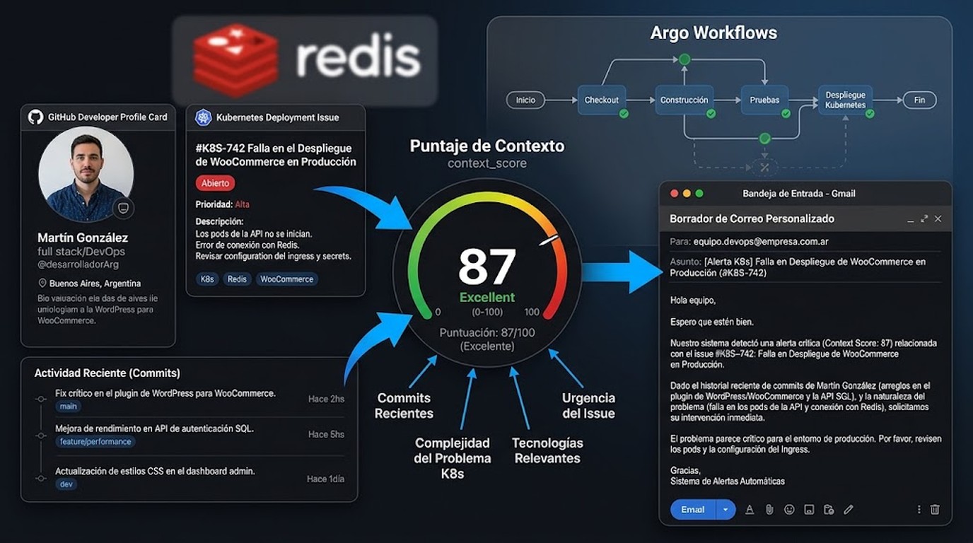 Outreach con IA: 68% de apertura y 23% de reply - A developer profile card pulled from GitHub showing recent commits and an open Kubernetes deployment