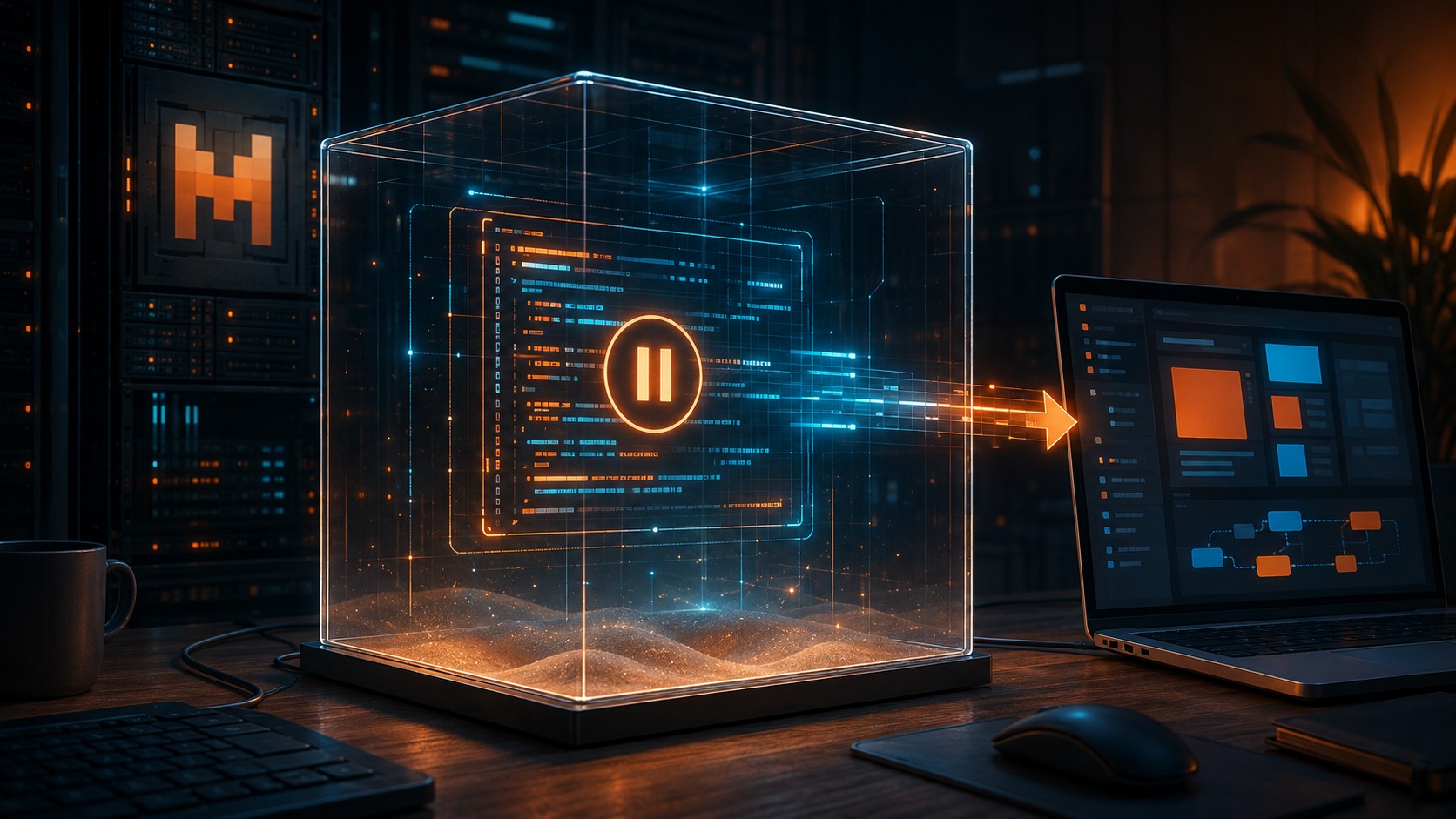 Patente Mistral tool calls: sandbox, pausas y delegación - A glowing code block suspended inside a transparent sandbox container on a developer's desk