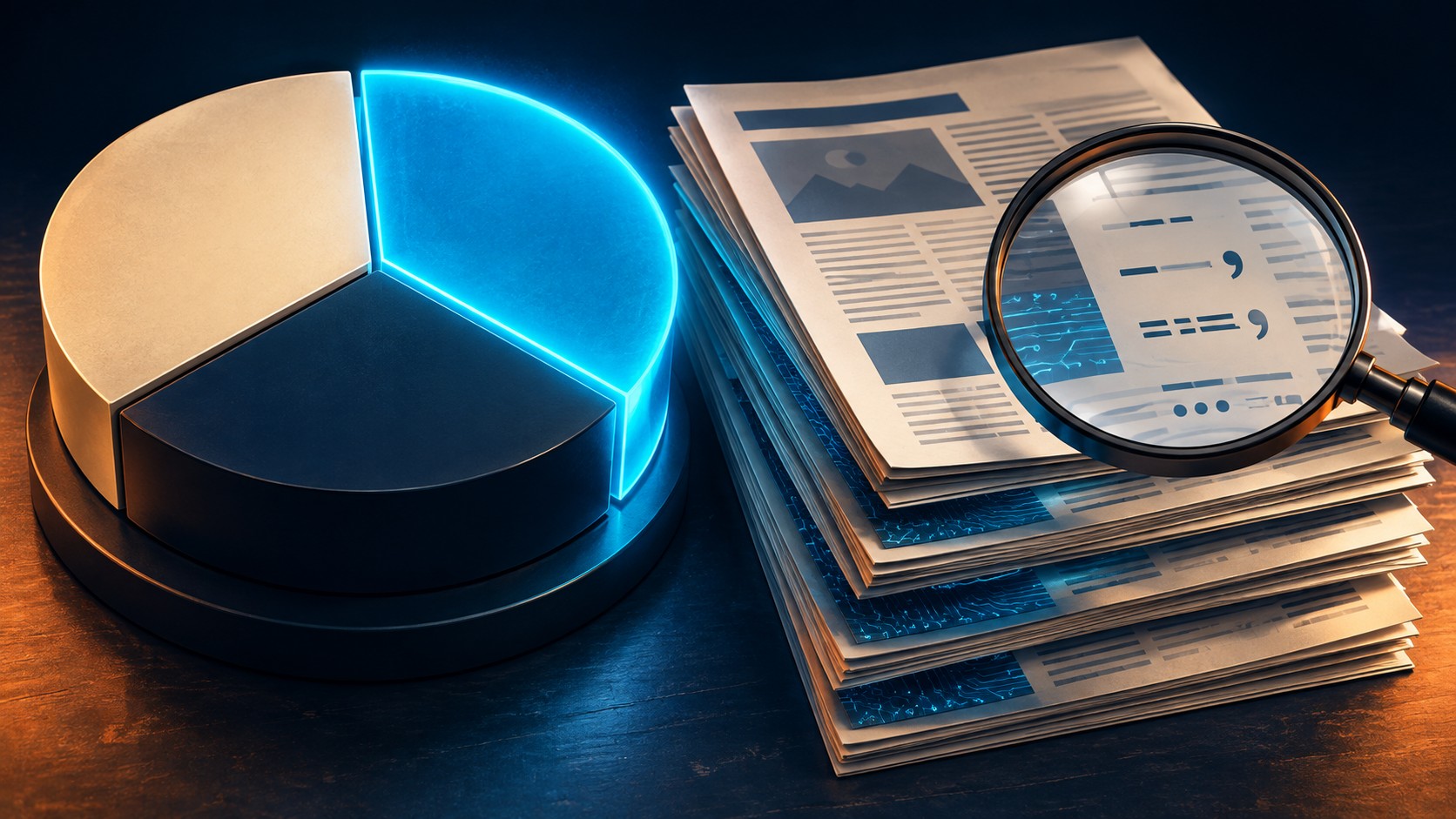 Un tercio de la web post-ChatGPT tiene rastros de IA 1 Un tercio de la web post-ChatGPT tiene rastros de IA - A large pie chart with exactly one third shaded in glowing blue, beside a stack of printed web