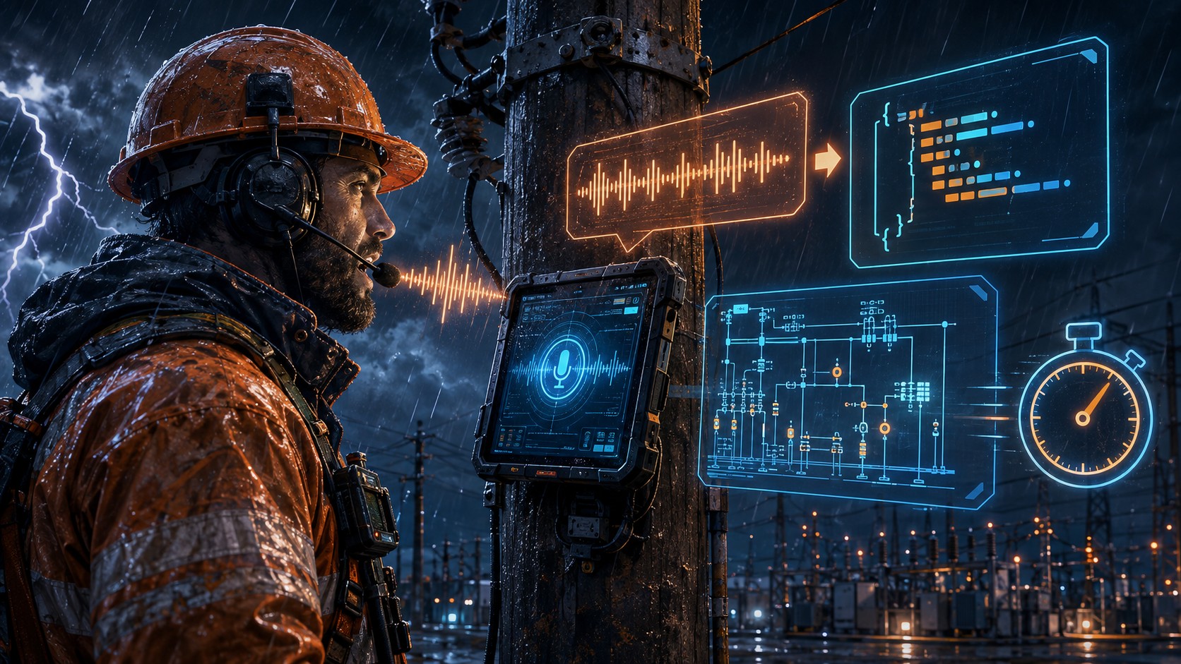 SaySo 2026: Voice AI para redes eléctricas con GPT-4o 1 SaySo 2026: Voice AI para redes eléctricas con GPT-4o - A rain-soaked electrical lineman wearing a rugged headset speaks toward a hardened tablet moun