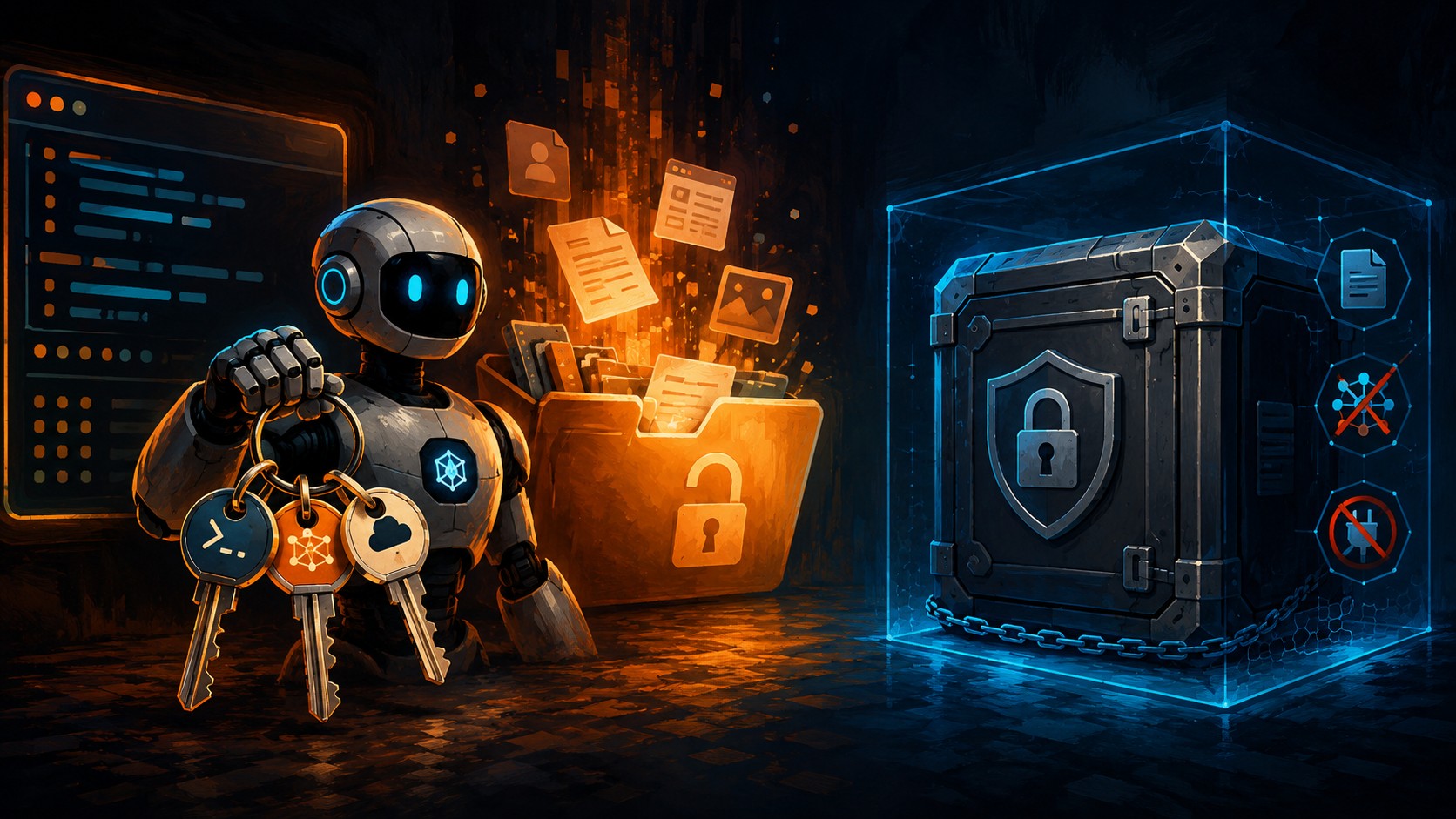Tu agente de IA tiene acceso root (y no lo pensaste) - A terminal window showing the command output 'uid=1000' next to an AI robot agent holding a rin
