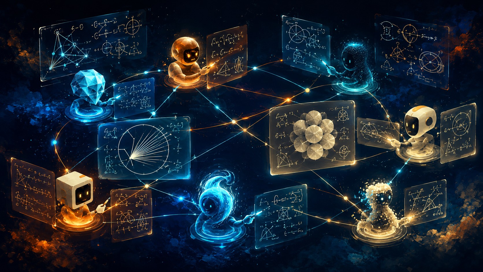 Station: agentes de IA descubren matemática nueva solos - Several distinct AI agent icons from different model families connected in a network without