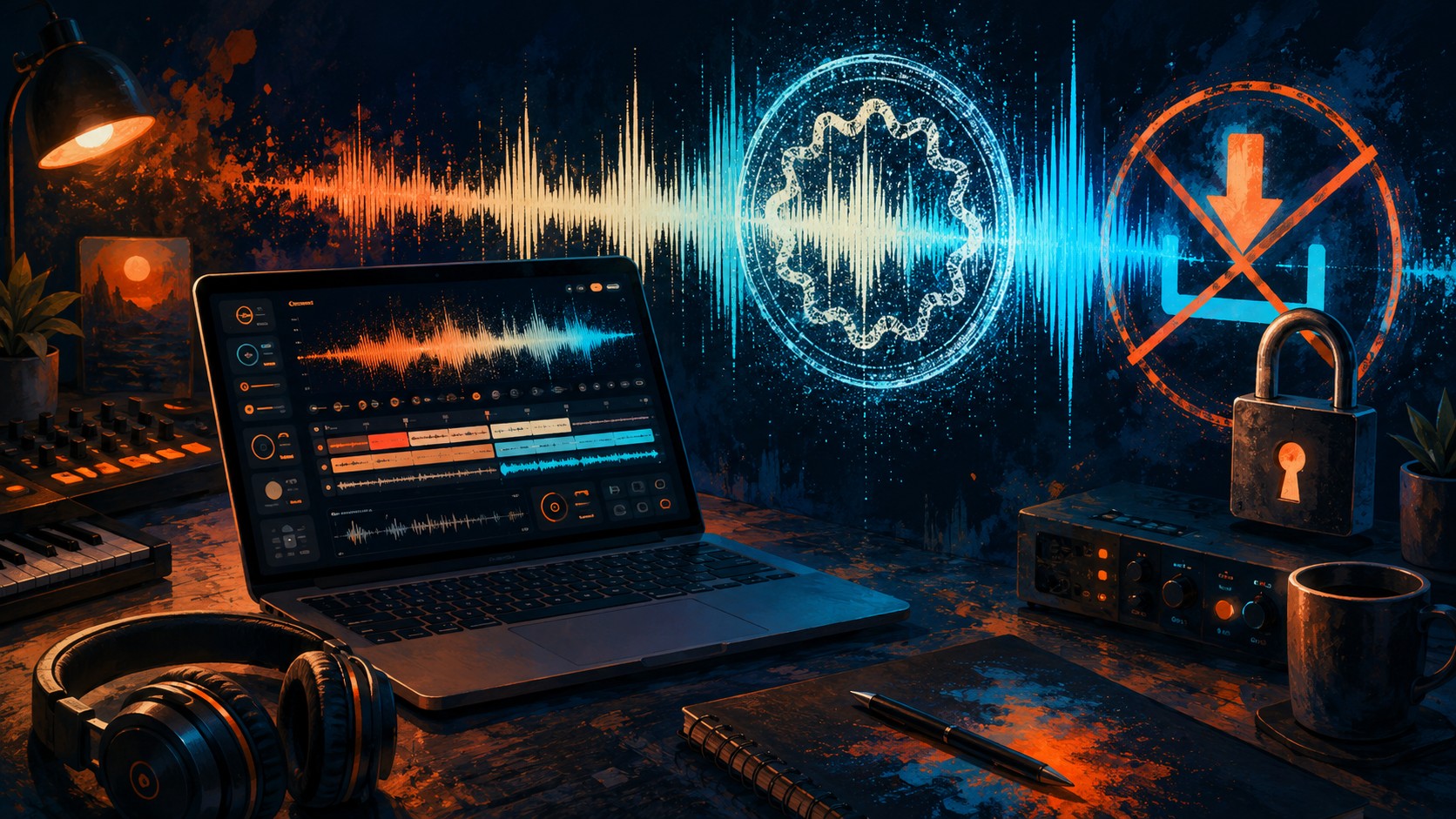 Suno combate spam música: watermark y descargas 1 Suno combate spam música: watermark y descargas - A digital music waveform with a glowing invisible watermark stamp labeled 'AI' embedded in it, next