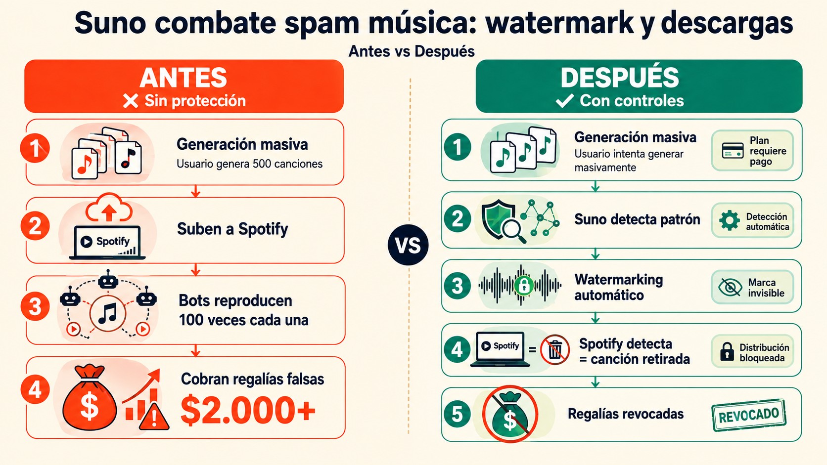 Suno combate spam música: watermark y descargas 2 suno combate spam música diagrama explicativo