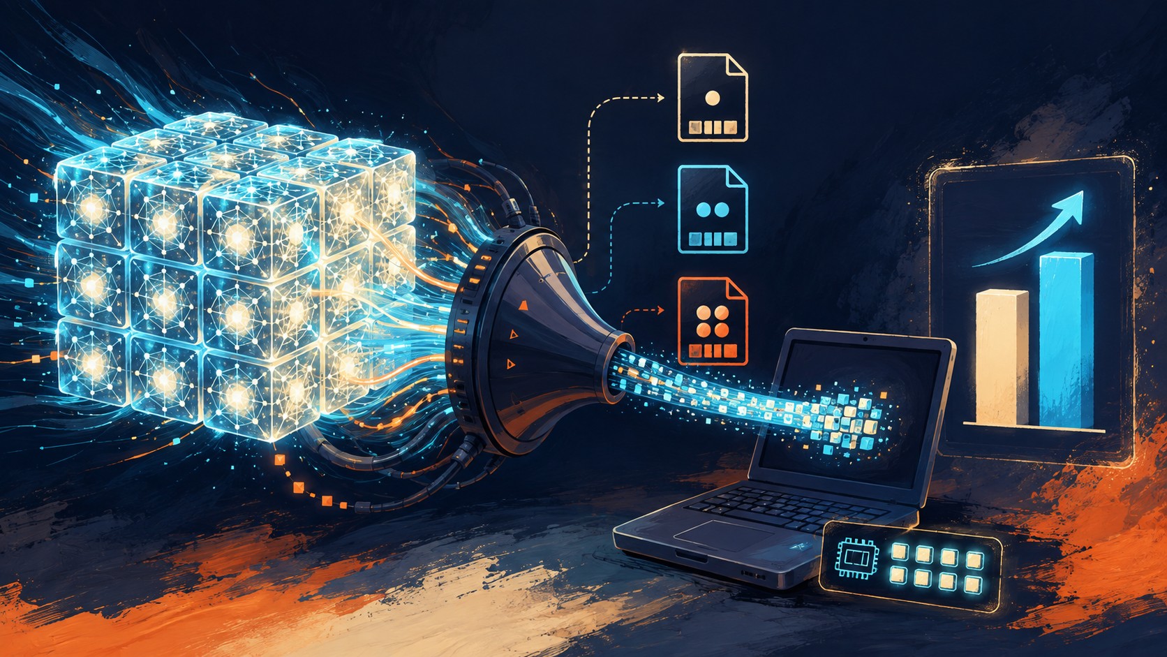 Unsloth Dynamic V3: 10% más precisión con 8GB de RAM - A glowing 27B-parameter model cube being squeezed through a compression funnel onto a small lap