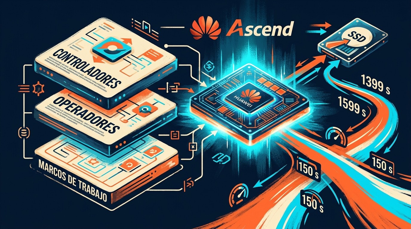 Adaptación Ascend 910B: Guía Técnica 2026 - A technical diagram showing three stacked layers labeled 'Drivers', 'Operators', and 'Frameworks' connecti
