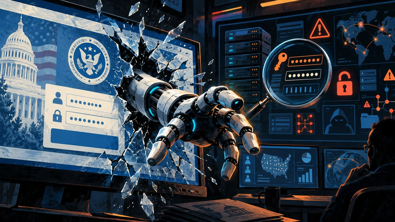 No existen los agentes de IA rogue, según este análisis - A humanoid robot arm reaching through a broken government website login screen labeled 'Cens