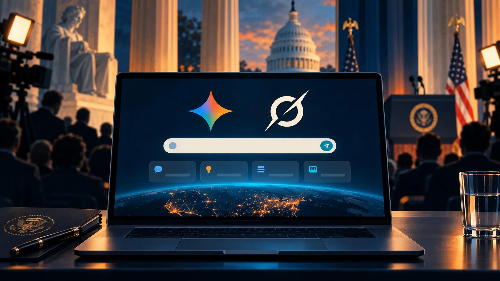 America.gov: el chatbot de Trump con Gemini y Grok - A government chatbot interface on a laptop screen at a formal Washington DC press event, with the