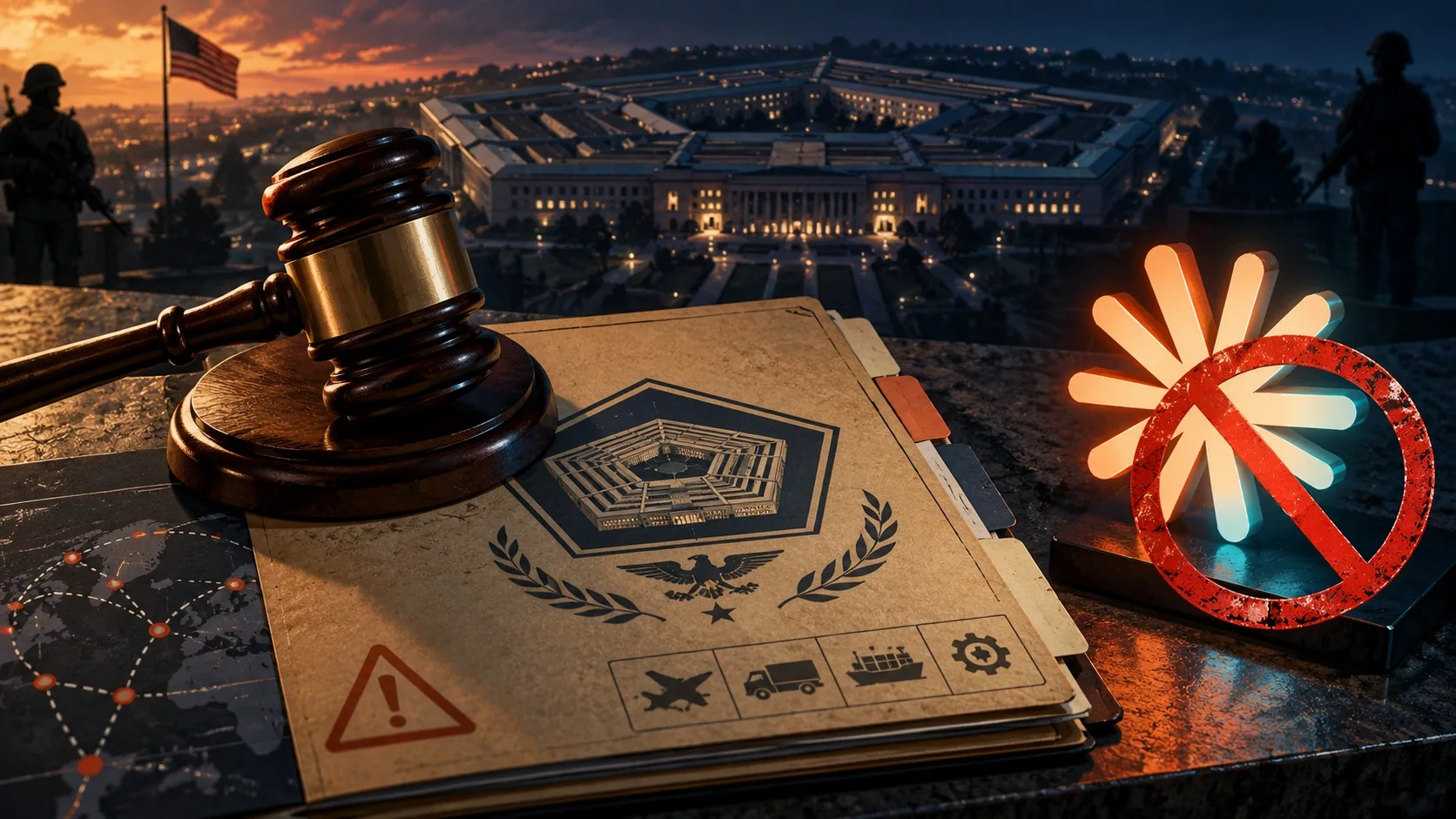 Anthropic lista negra Pentágono: la Justicia le da - A courtroom gavel resting on top of a folder labeled 'Pentagon Supply Chain Risk Designation' nex