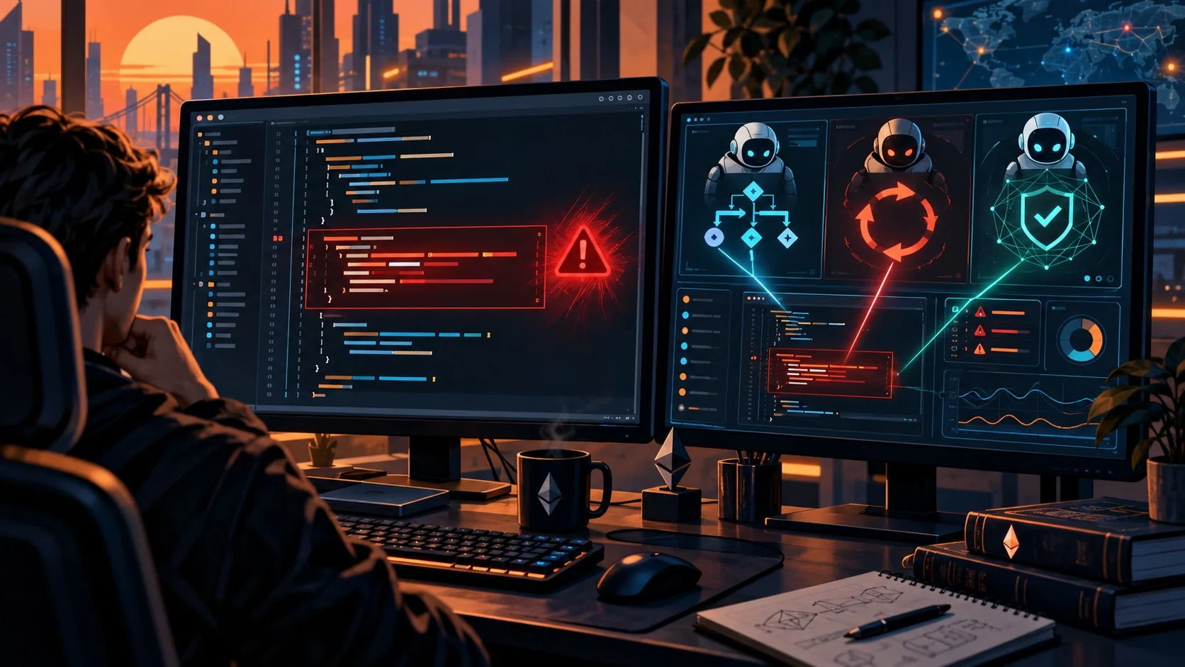 Auditoría de contratos inteligentes con IA en 2026 1 Auditoría de contratos inteligentes con IA en 2026 - A Solidity code editor showing a highlighted 'withdraw()' function with a red reentrancy warning,