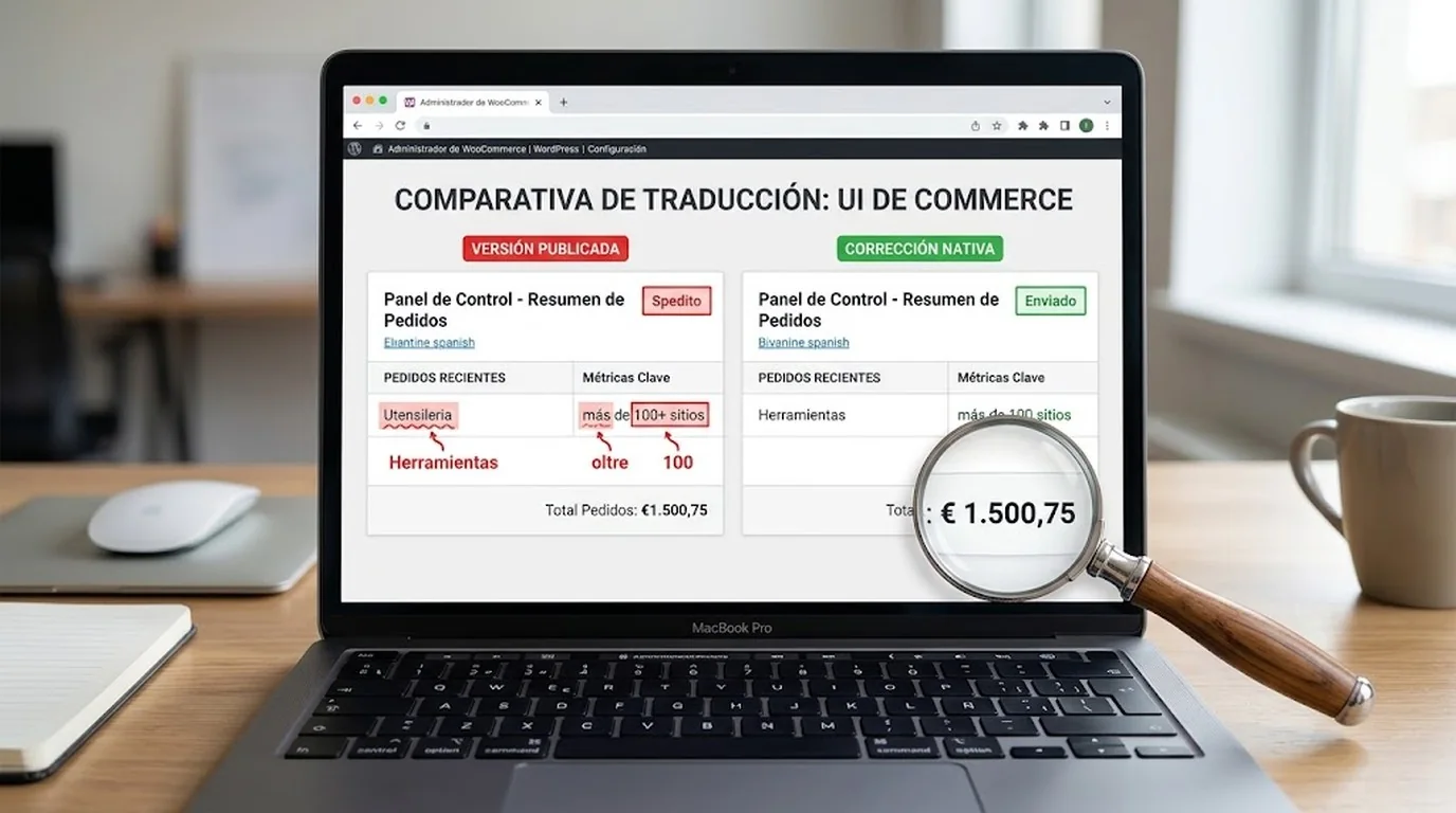 El benchmark que midió si la IA sabe corregir italiano 1 El benchmark que midió si la IA sabe corregir italiano - A side-by-side comparison of two Italian UI text strings on a laptop screen, one labeled 'shi