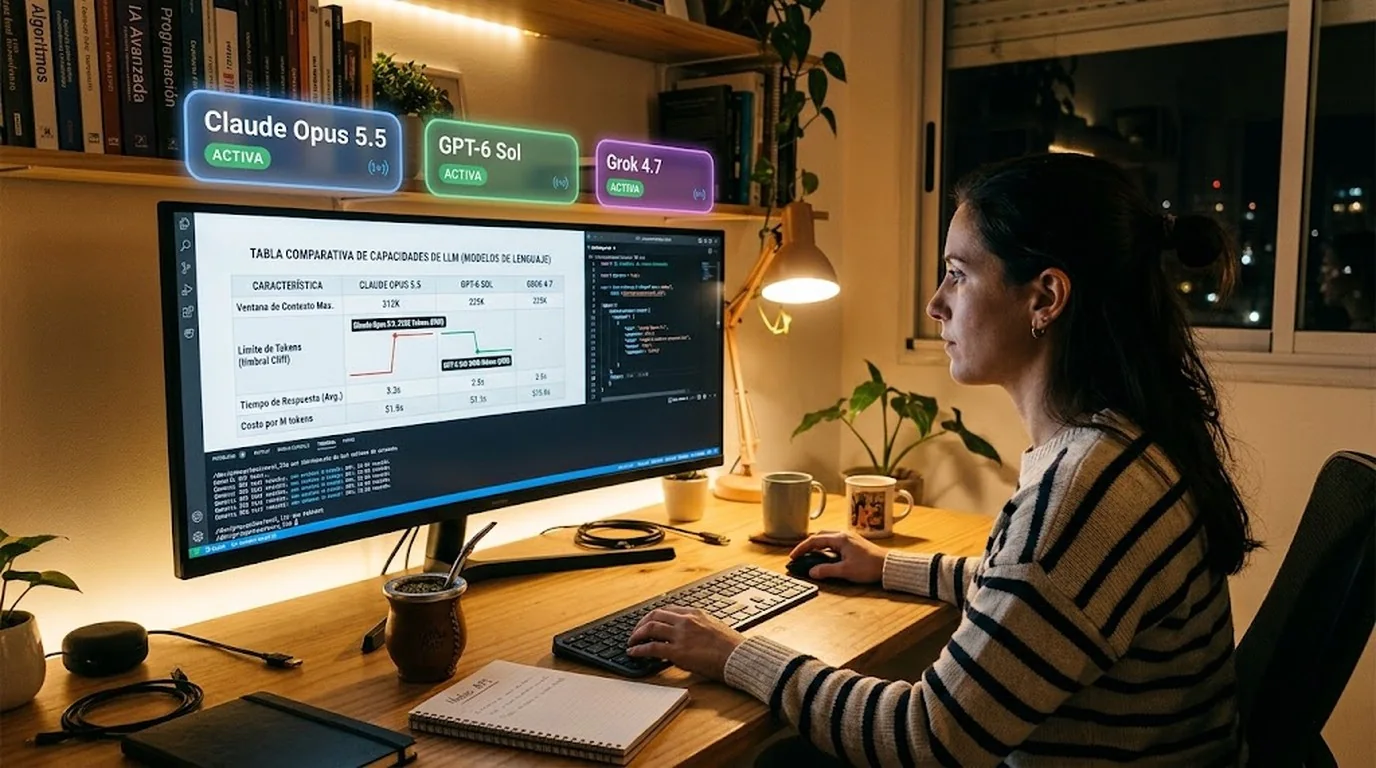 Cambiar de modelo IA en 2026: la guía de 4 preguntas - Three API endpoint labels floating side by side reading Claude Opus 5.5, GPT-6 Sol and Grok 4.7