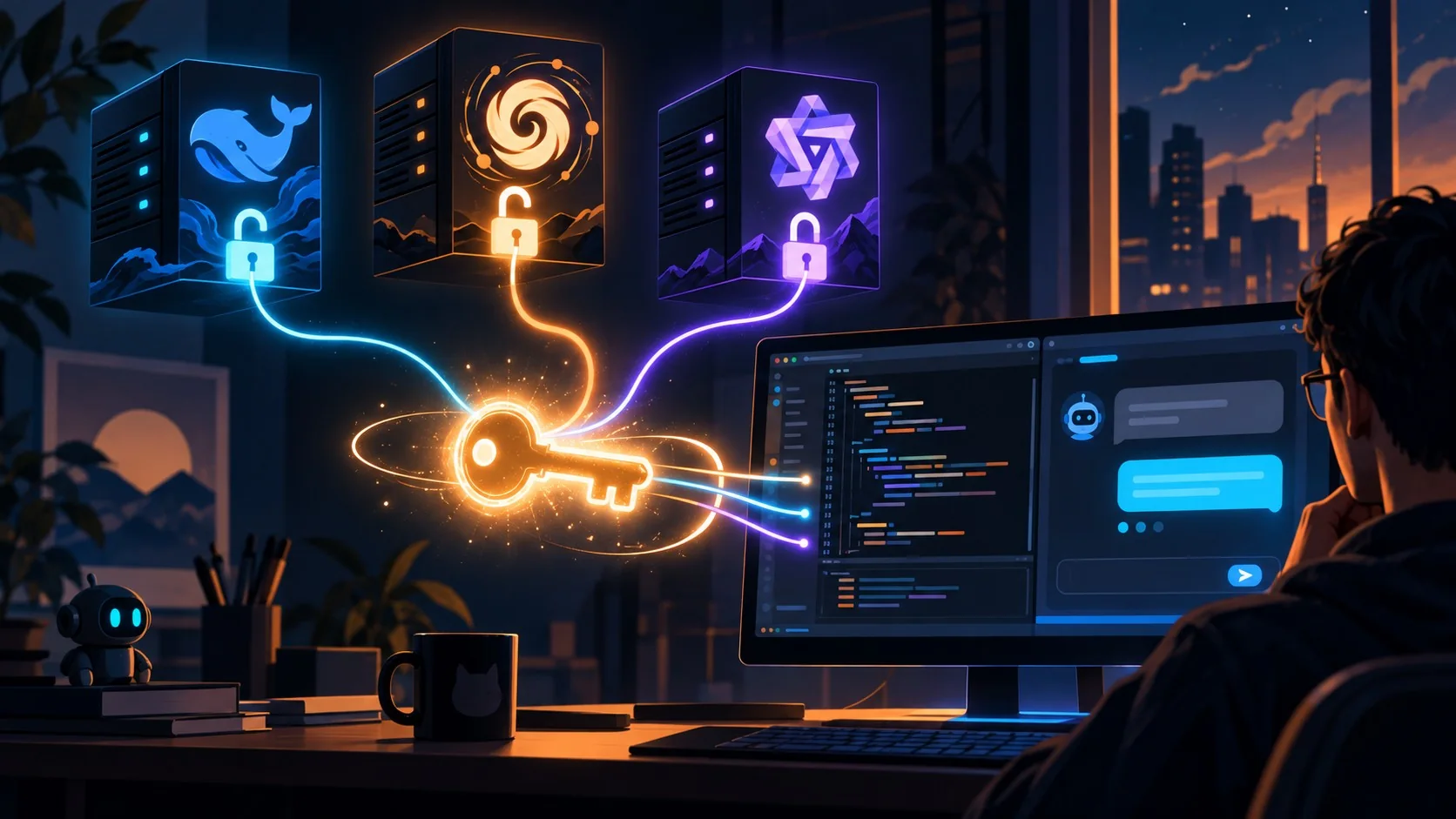 Chatbot multi-modelo IA con DeepSeek, GLM y Qwen en 15 min - A single glowing API key unlocking three separate labeled server icons reading DeepSeek,