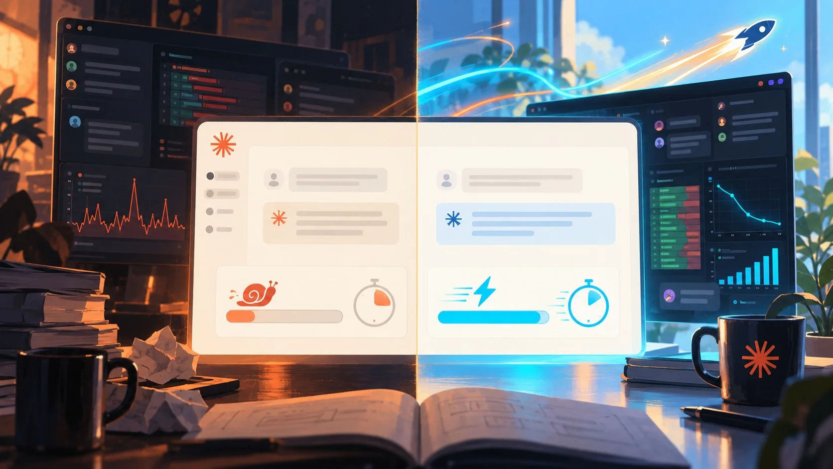 Claude.ai 3 veces más rápido: el sprint de Anthropic - A split-screen loading bar comparison showing 3.1 seconds versus 0.55 seconds next to the claud