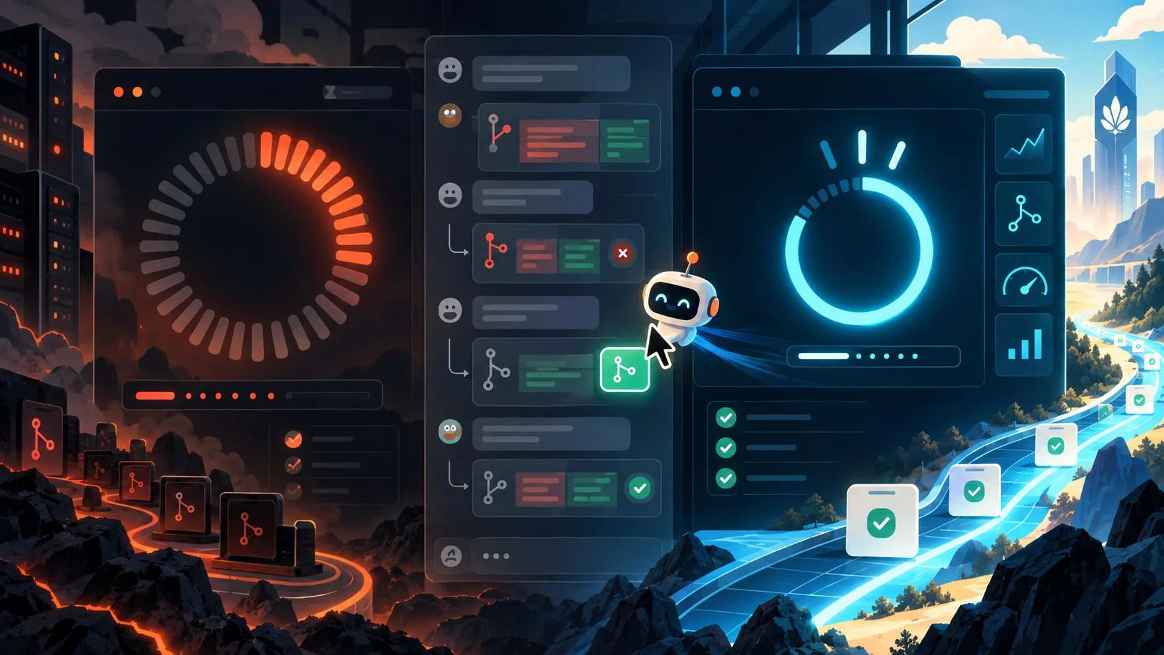 Claude AI más rápido: el sprint de Anthropic explicado - A split-screen dashboard showing a loading spinner timer counting down from 3.1 seconds on th