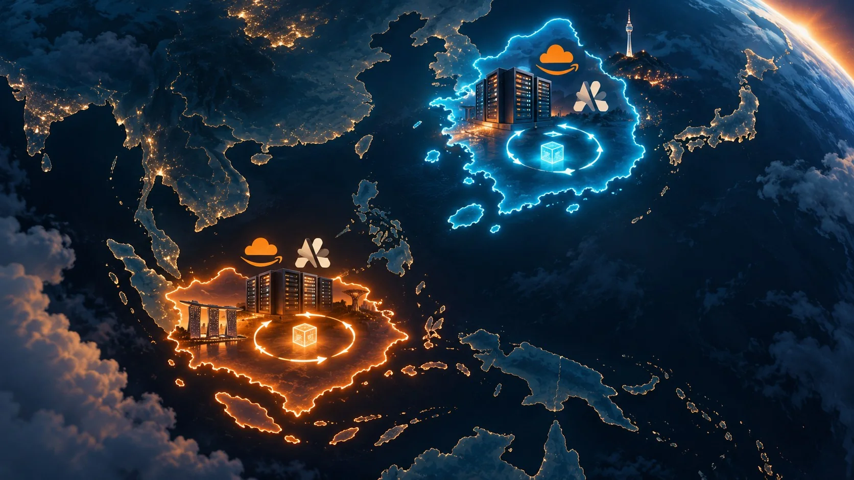 Claude Opus 5 y Sonnet 5 llegan a Seúl y Singapur en AWS - A world map split into two glowing zones labeled Seoul and Singapore, each showing a data p