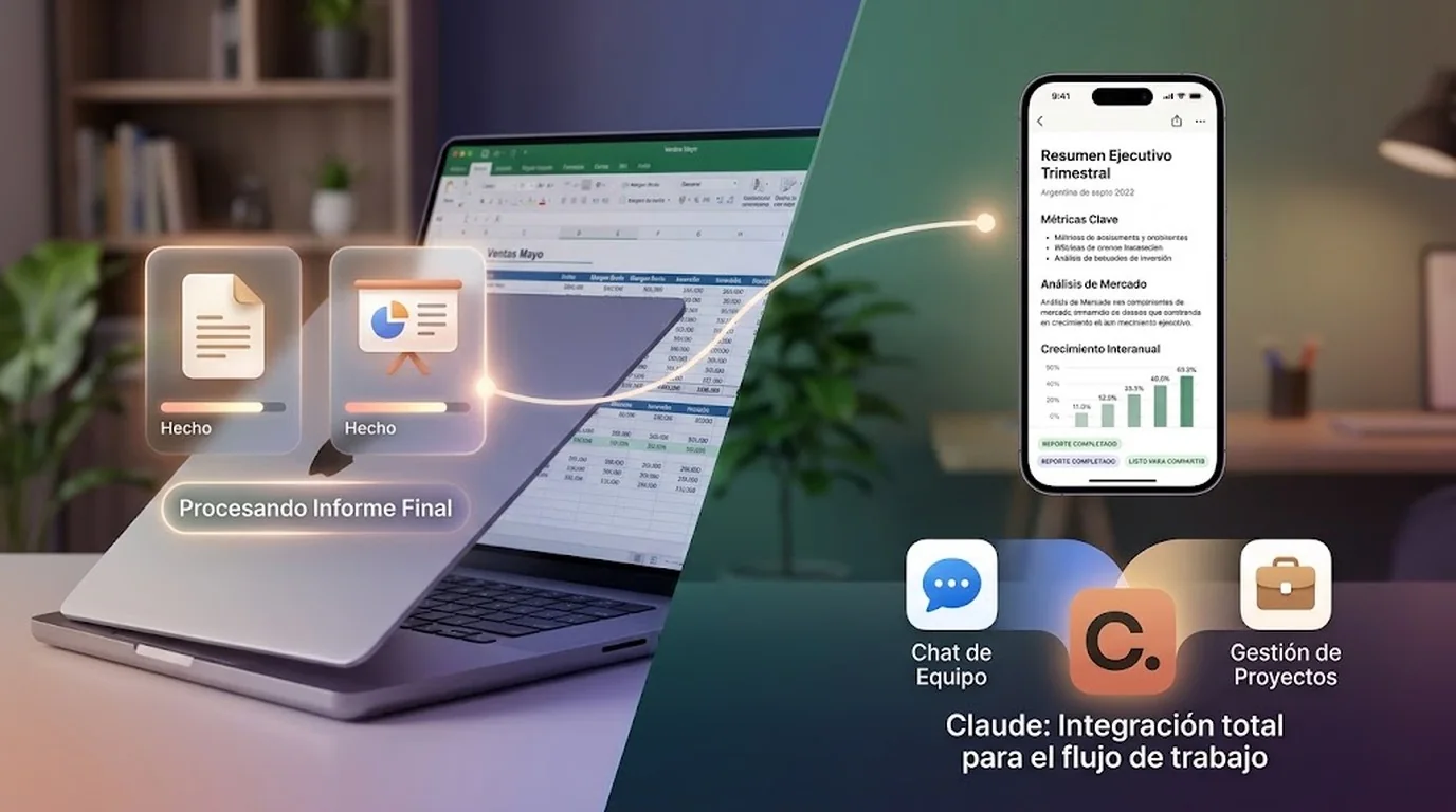 Anthropic fusiona Claude Cowork con el chat de Claude - A laptop closing with a document and slide deck icon floating above it still glowing and being