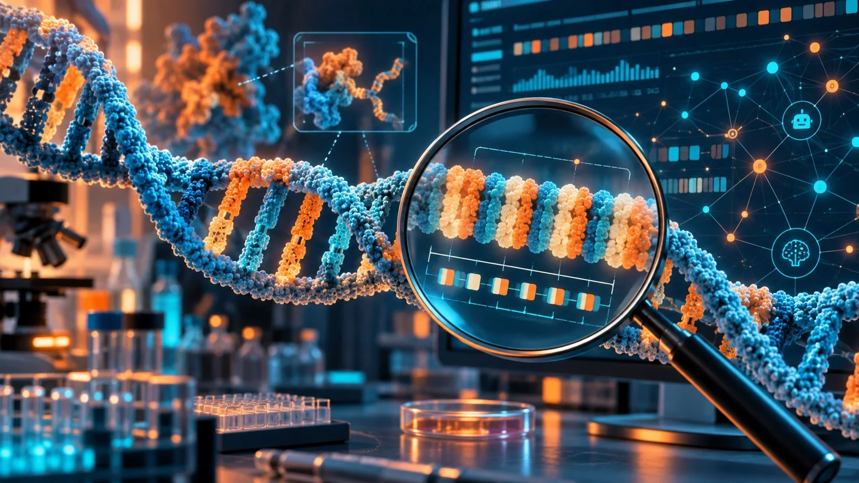 Claude descubrió un sistema de enzimas tipo CRISPR - A strand of DNA with a visible repeating tandem array pattern highlighted under a digital magnify