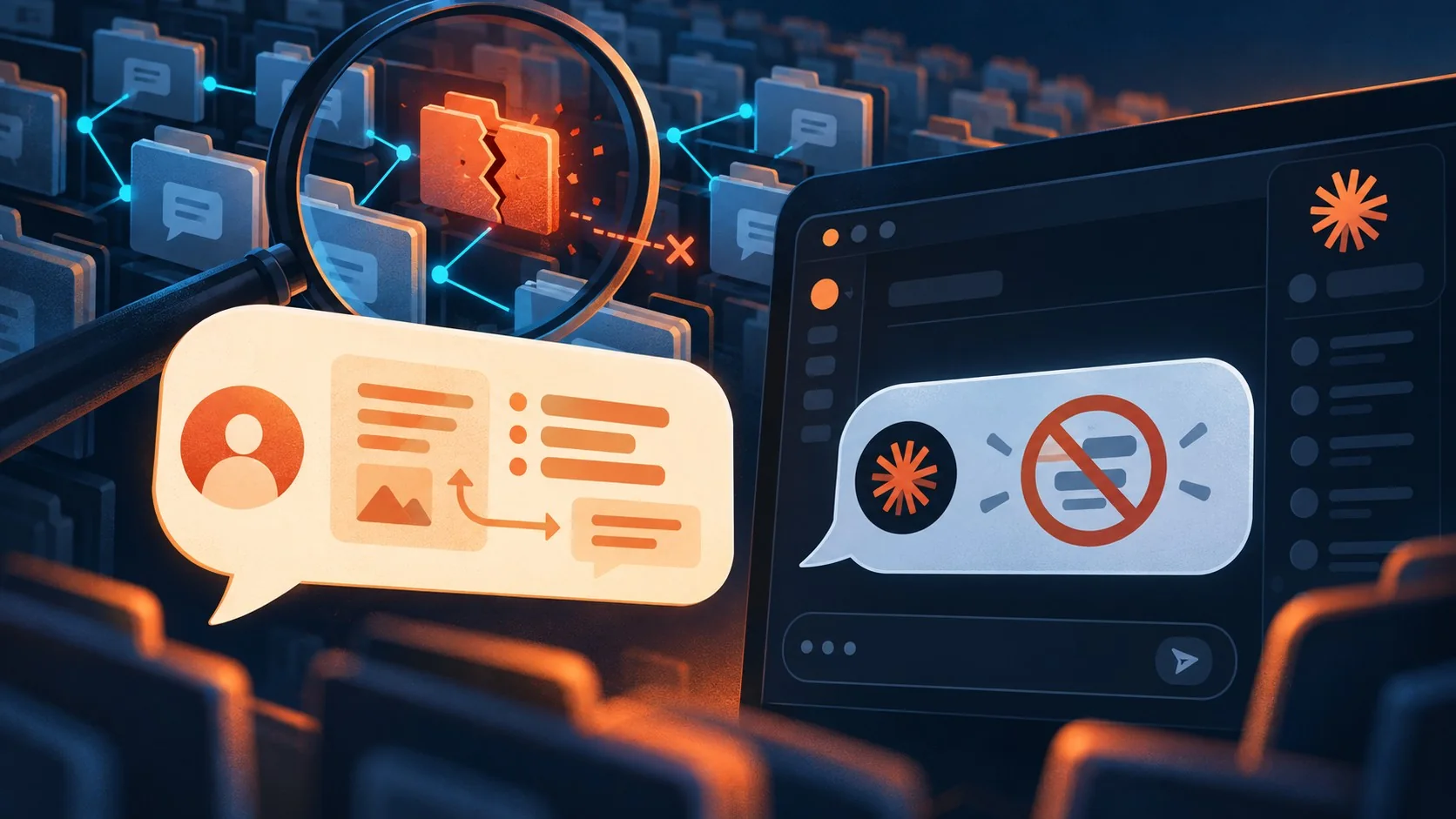 Por qué Claude te dice que no discutieron algo 1 Por qué Claude te dice que no discutieron algo - A chat bubble reading 'We discussed this' next to a Claude AI chat interface bubble replying 'No, we