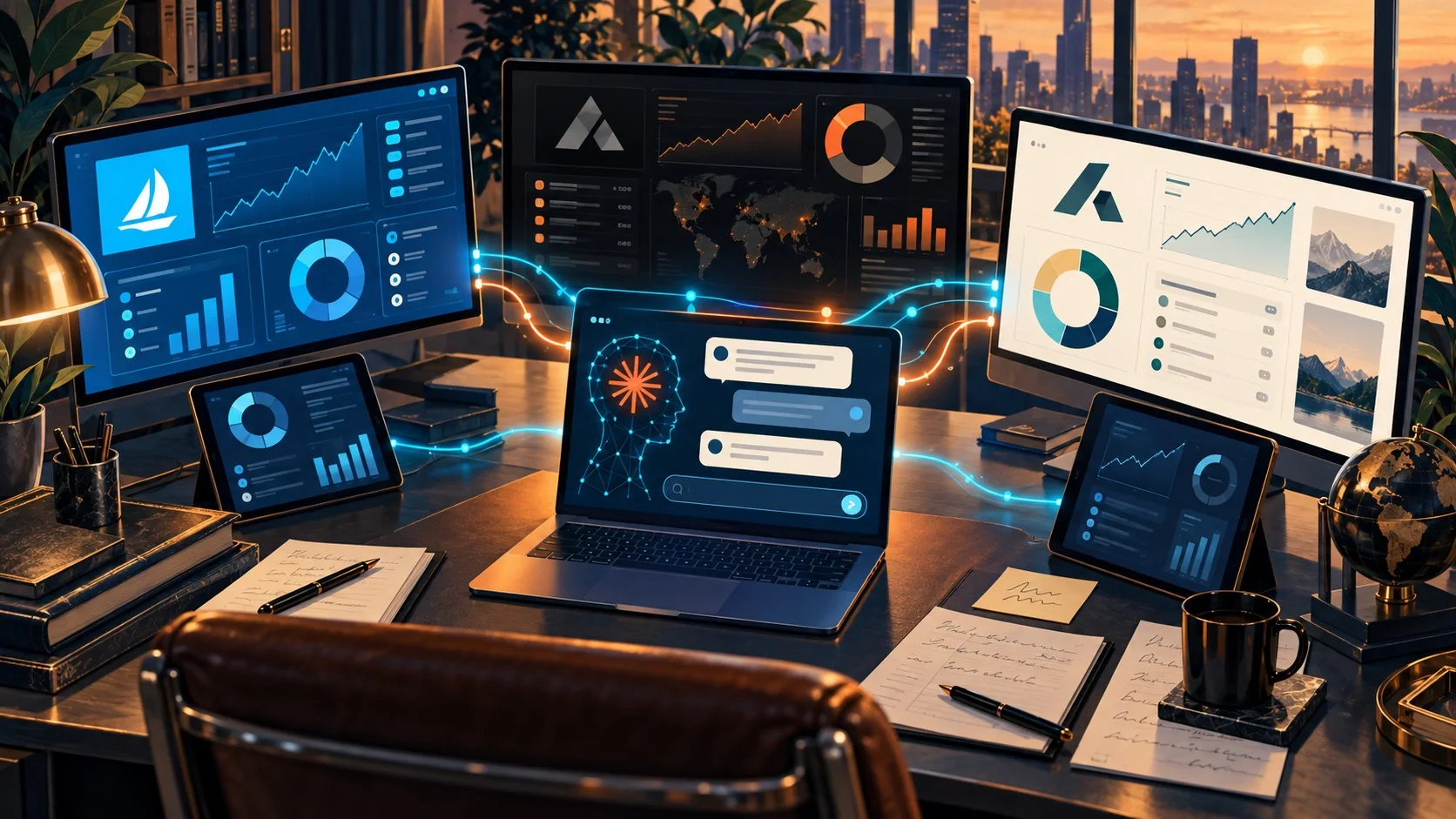 Anthropic lanza Claude para asesores financieros - A financial advisor's desk with multiple screens showing portfolio dashboards from Schwab, BlackRoc