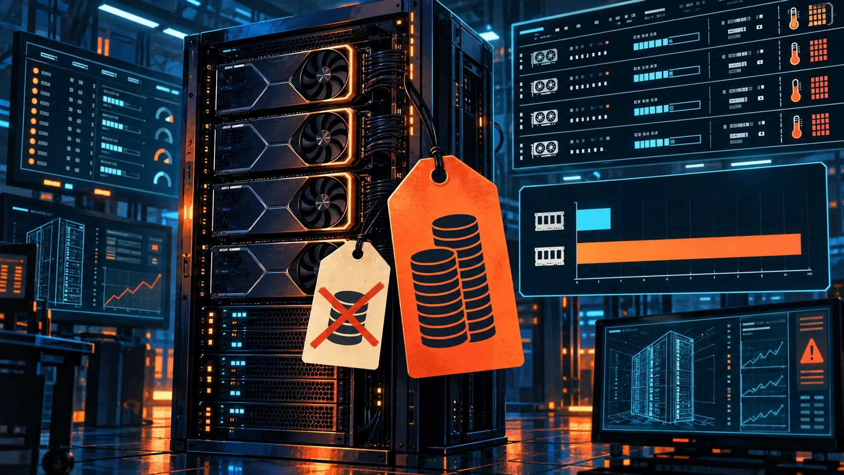 Desplegar DeepSeek-V3 por $6/mes: la cuenta no cierra - A GPU server rack with a price tag showing $6 crossed out and $432 written next to it, with a