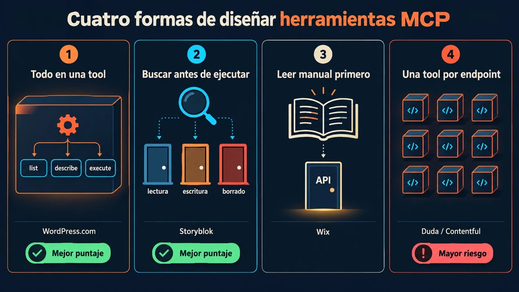 MCP en 13 CMS: quién diseñó bien sus tools y quién no 2 diseño de herramientas mcp diagrama explicativo
