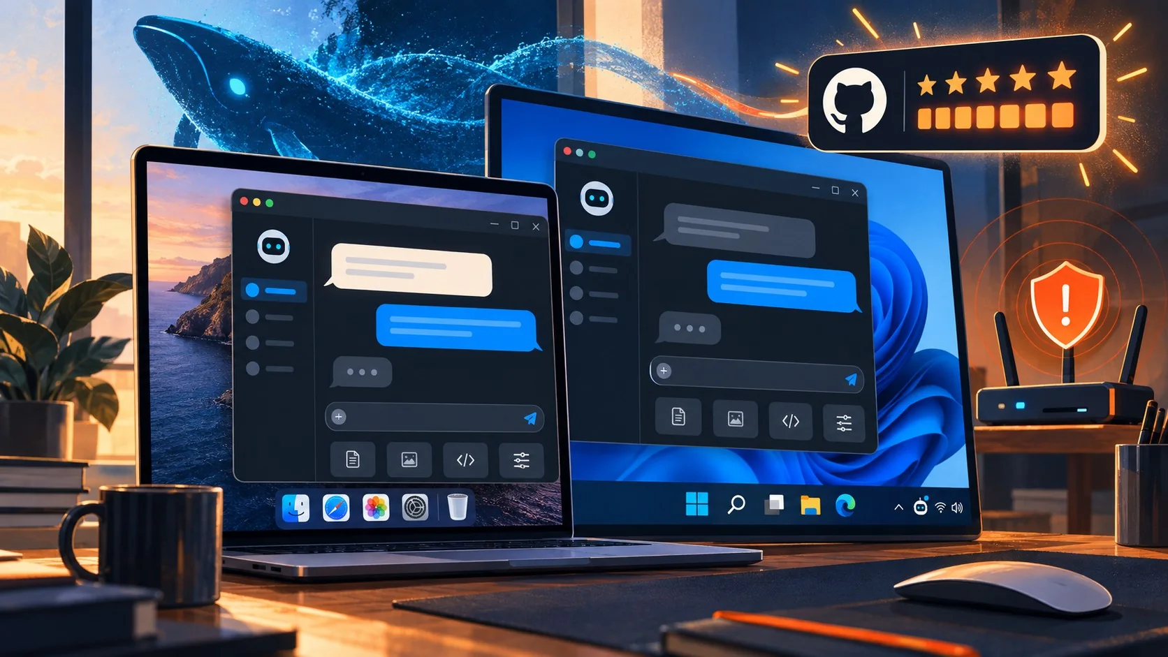 DSH Desktop: ¿el cliente oficial de DeepSeek Harness? - A Windows and macOS desktop app window labeled 'DSH Desktop' showing a chat interface and a sy